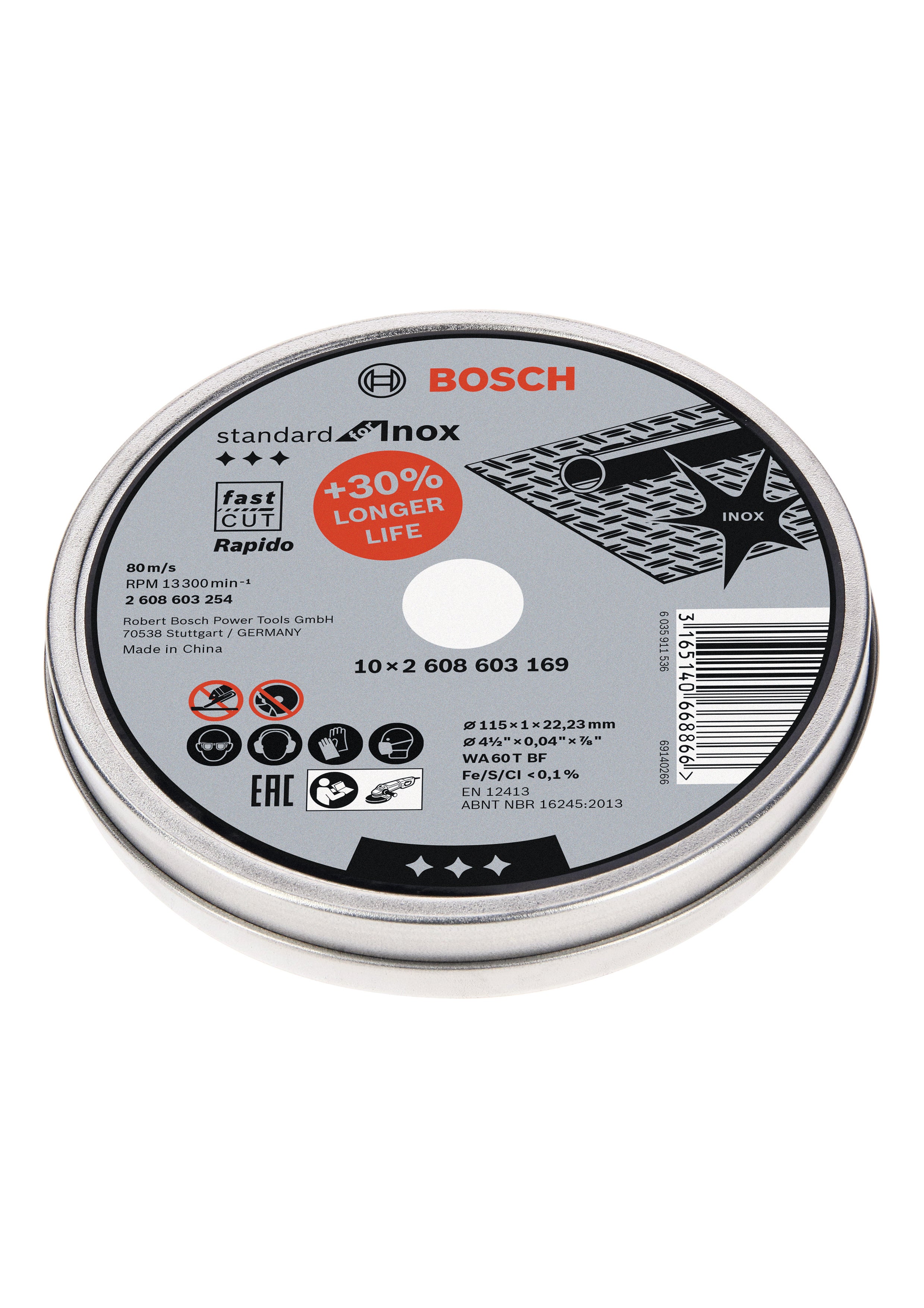 Pack 10 discos de corte BOSCH - ø 115 mm para acero inoxidable - 3