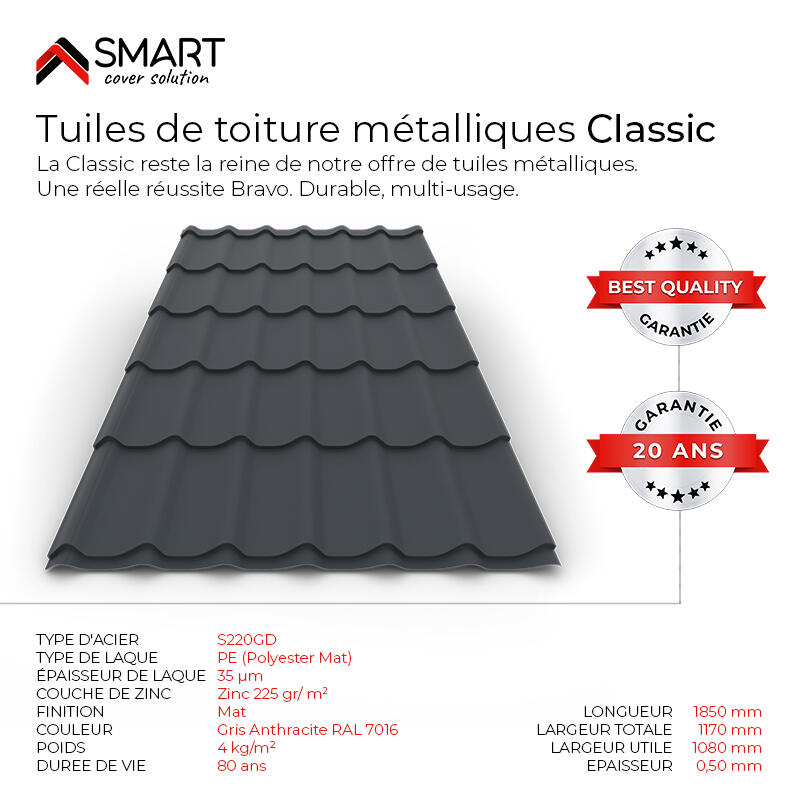 Plaque de couverture, aspect tuile anth SMART l.120 x L.185cm, H.37mm, Ep.0.5mm - 3