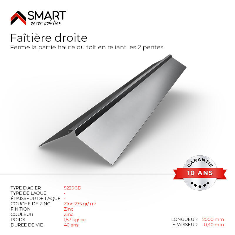 Faitiere droite tole h12 galv 1m - 2