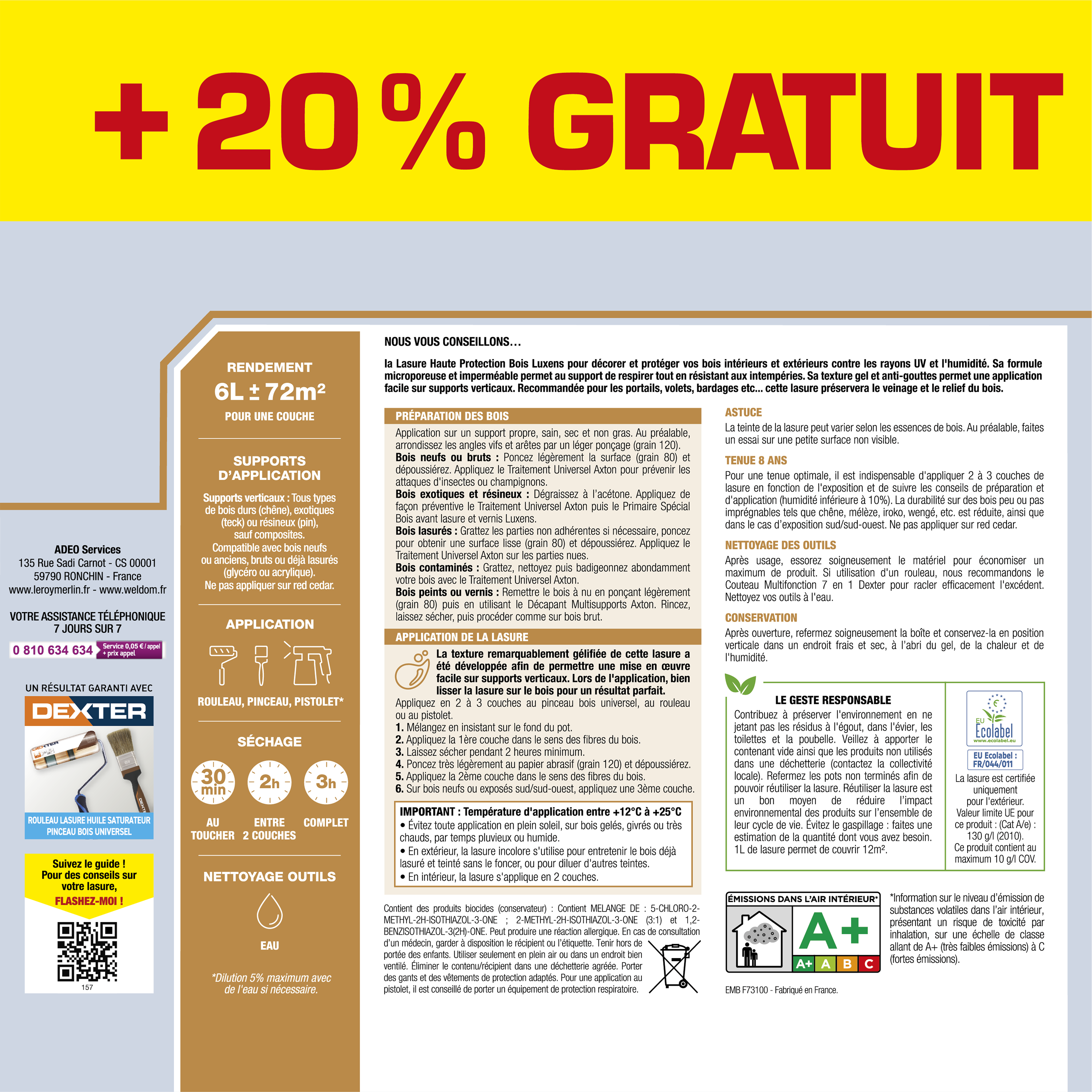 Lasure LUXENS Haute protection 8 ans incolore satiné 5L+20% gratuit - 7