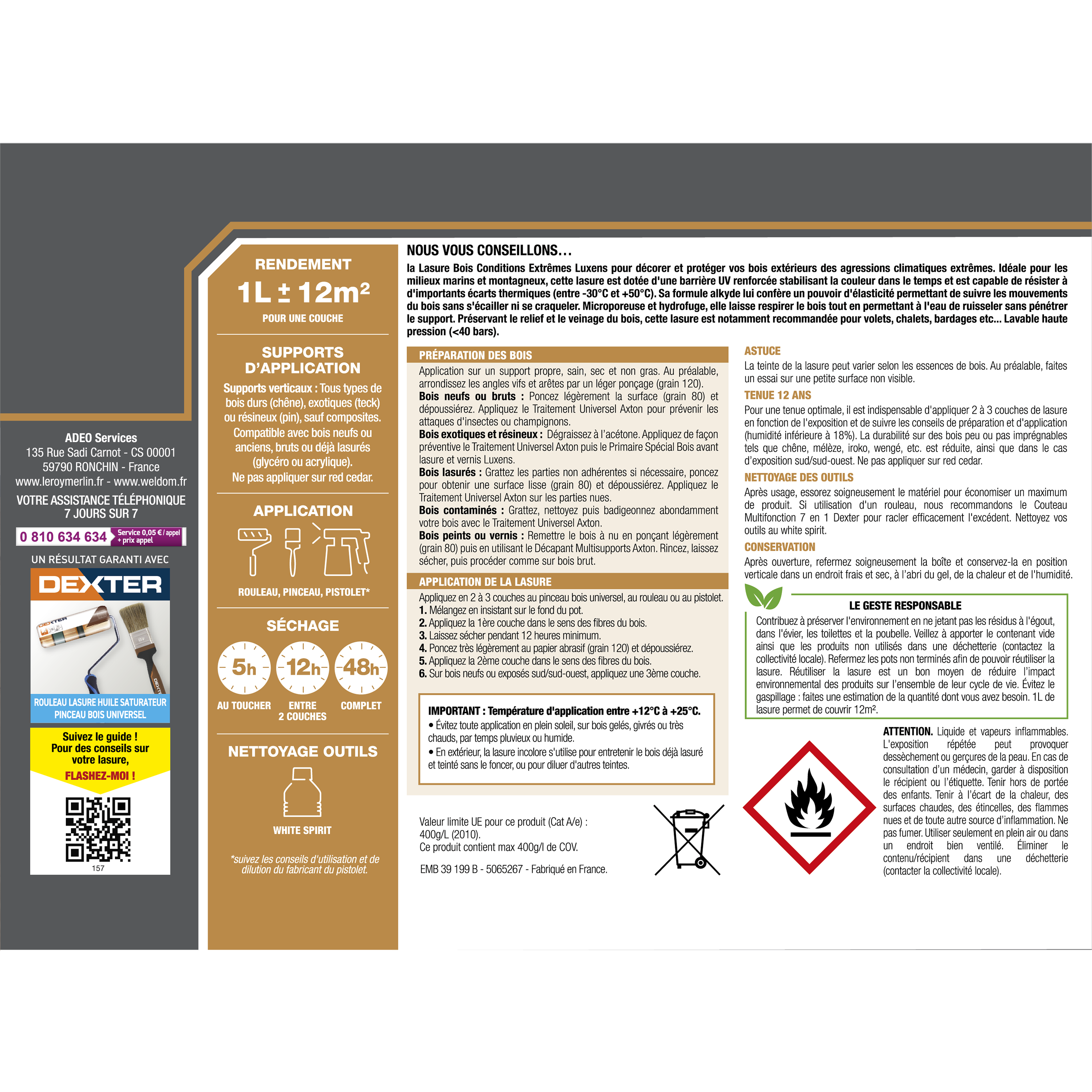 Lasure LUXENS Conditions extrêmes 12 ans chêne moyen satiné 1 l - 6
