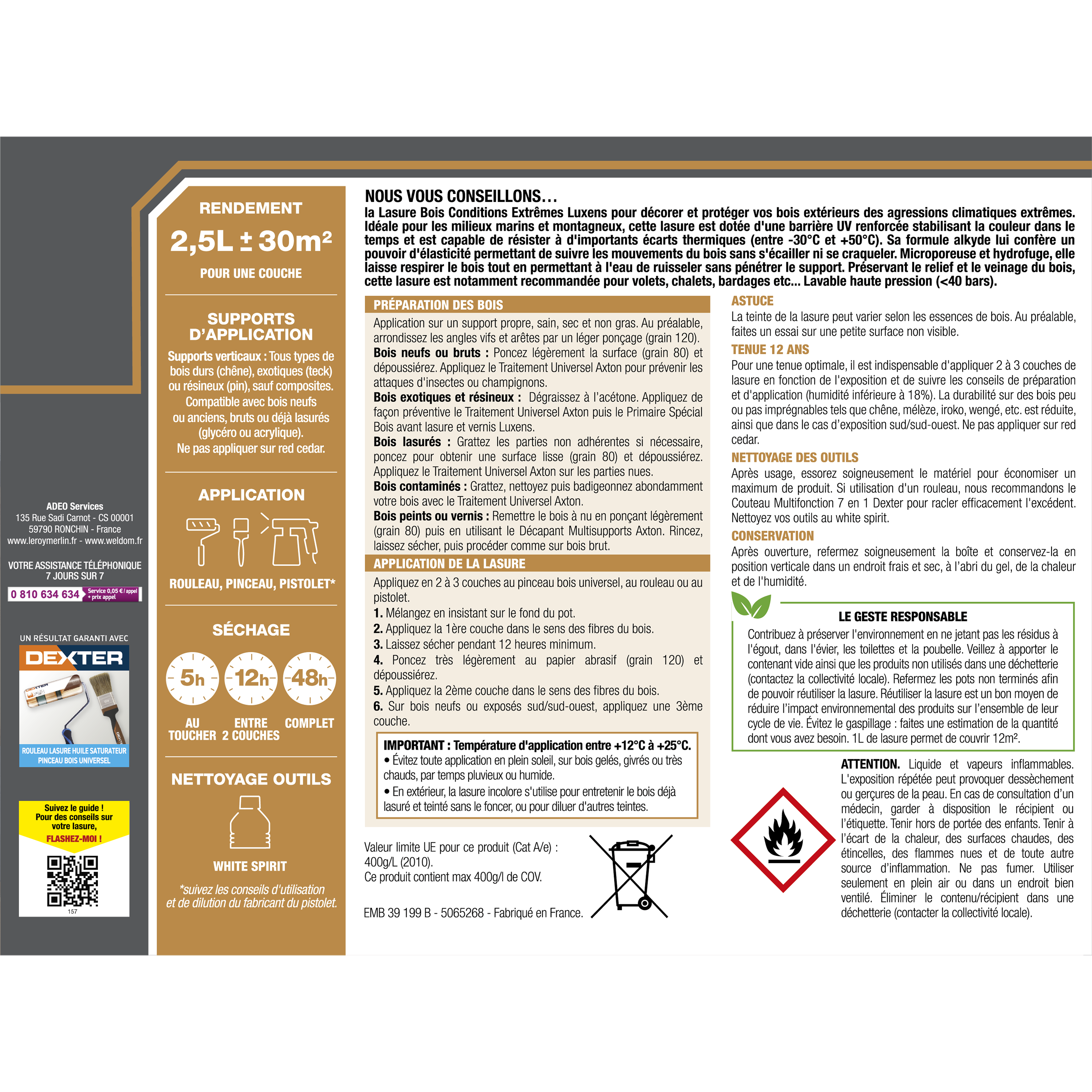 Lasure LUXENS Conditions extrêmes 12 ans chêne foncé satiné 2.5 l - 7