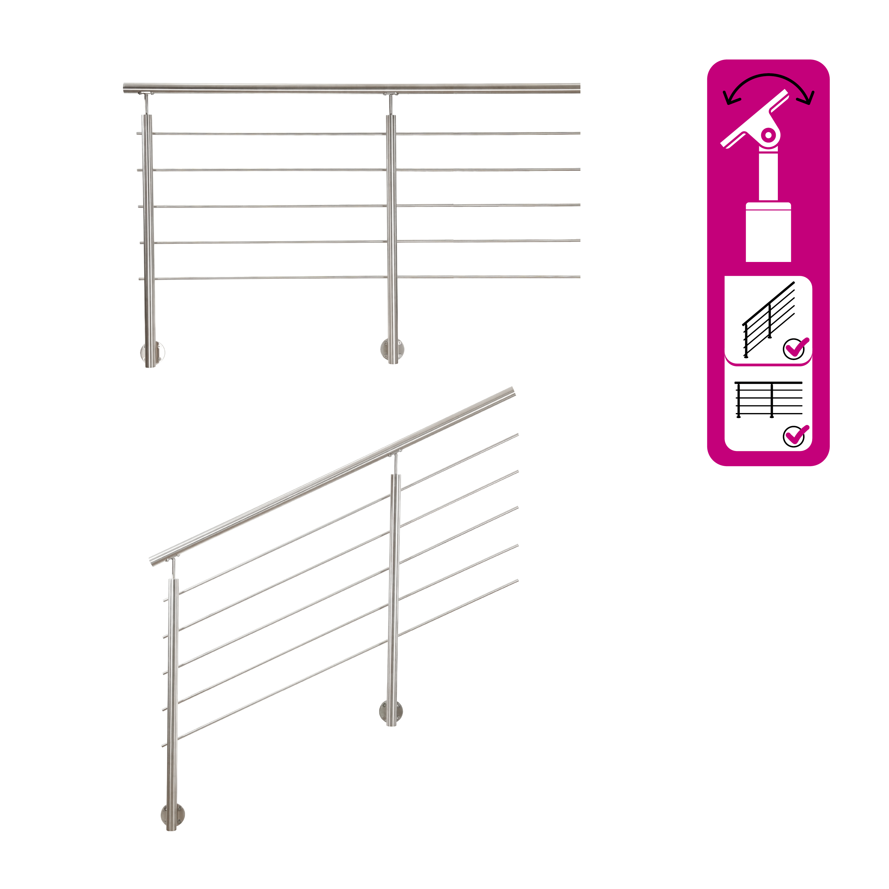 Balaustra in kit ARTENS Noxi in acciaio inox, corrimano in acciaio inox 304, L 200 cm fissaggio a parete - 3