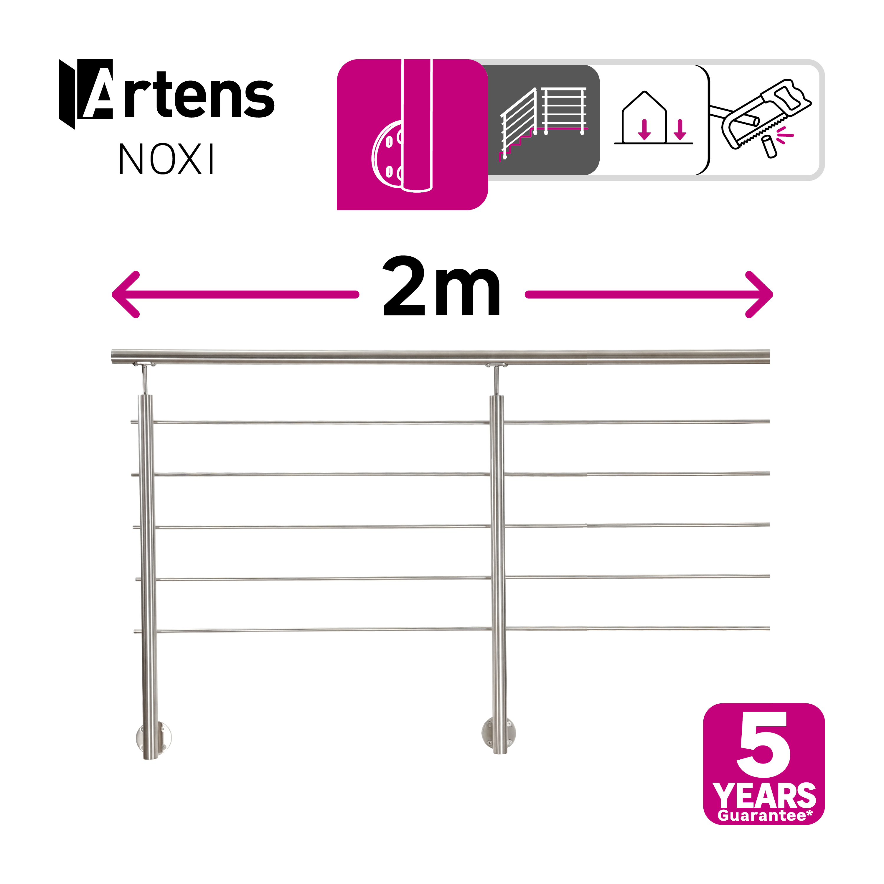 Balaustra in kit ARTENS Noxi in acciaio inox, corrimano in acciaio inox 304, L 200 cm fissaggio a parete - 2