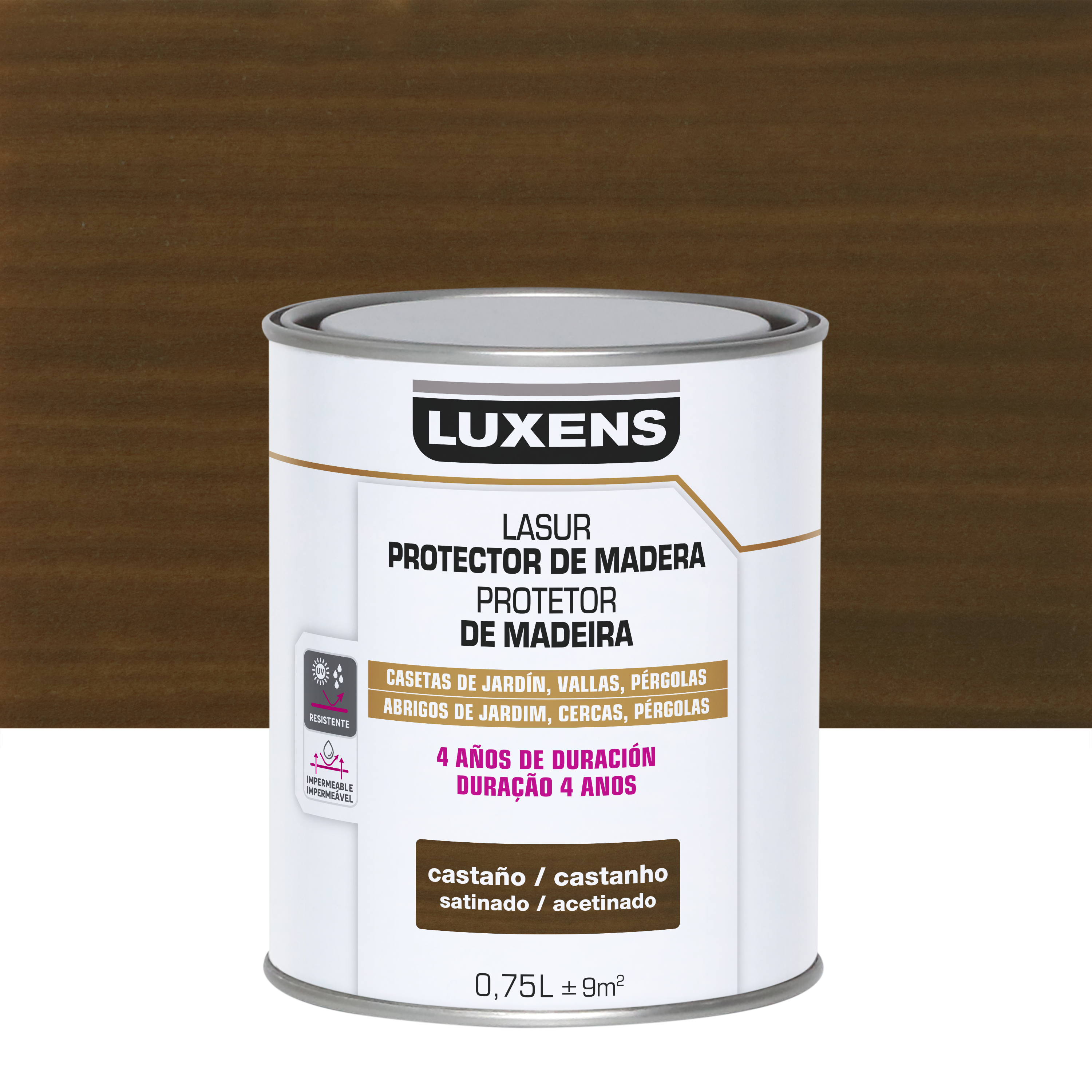 Protector madera exterior color castaño para caseta de jardín, valla, persiana luxens satinado 750 ml base agua