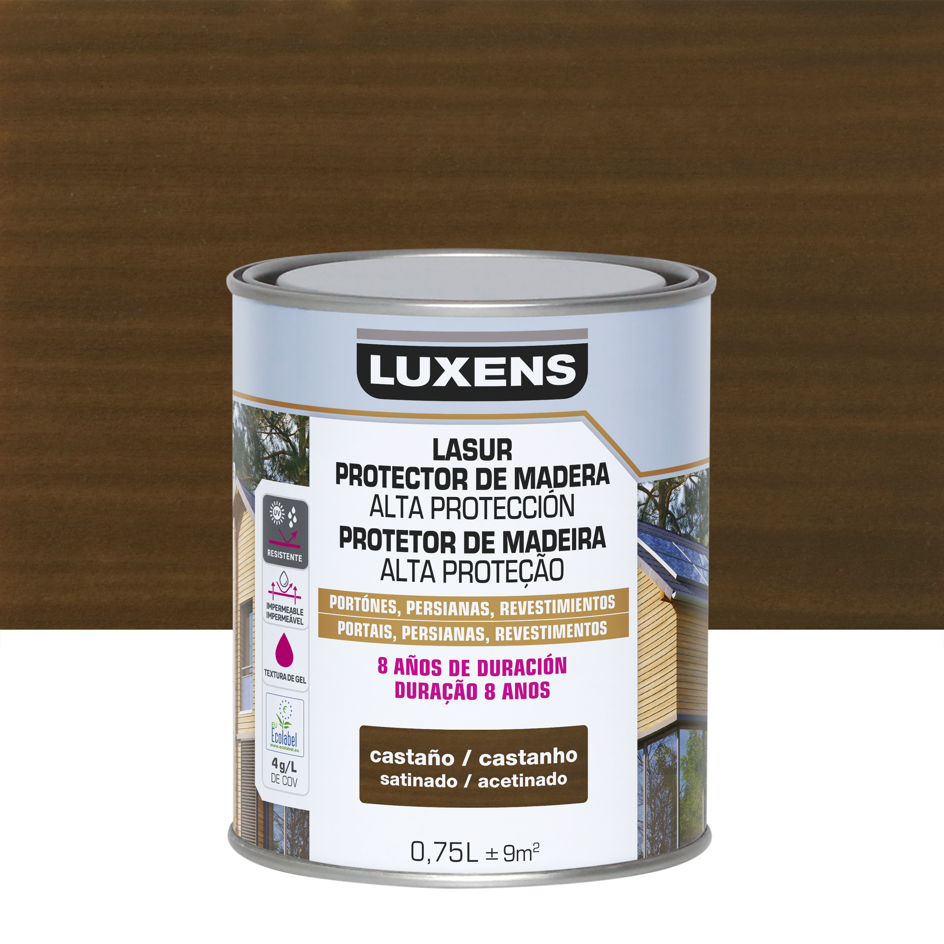 Protector madera exterior color castaño para caseta de jardín, valla, cancela, fachada, friso luxens satinado 750 ml base agua