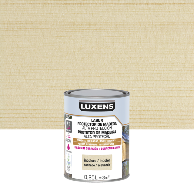 Protector madera exterior color incoloro para valla, caseta de jardín, cancela, fachada LUXENS satinado 250 ml base agua
