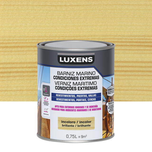 Barniz de madera de exterior color incoloro para valla, cancela, caseta de jardín, friso, persiana LUXENS brillante 750 ml disolvente