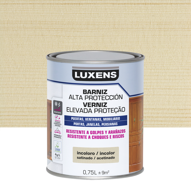 Barniz de madera de exterior color incoloro para ventana, puerta, persiana, valla, mobiliario, cancela LUXENS satinado 750 ml base agua 