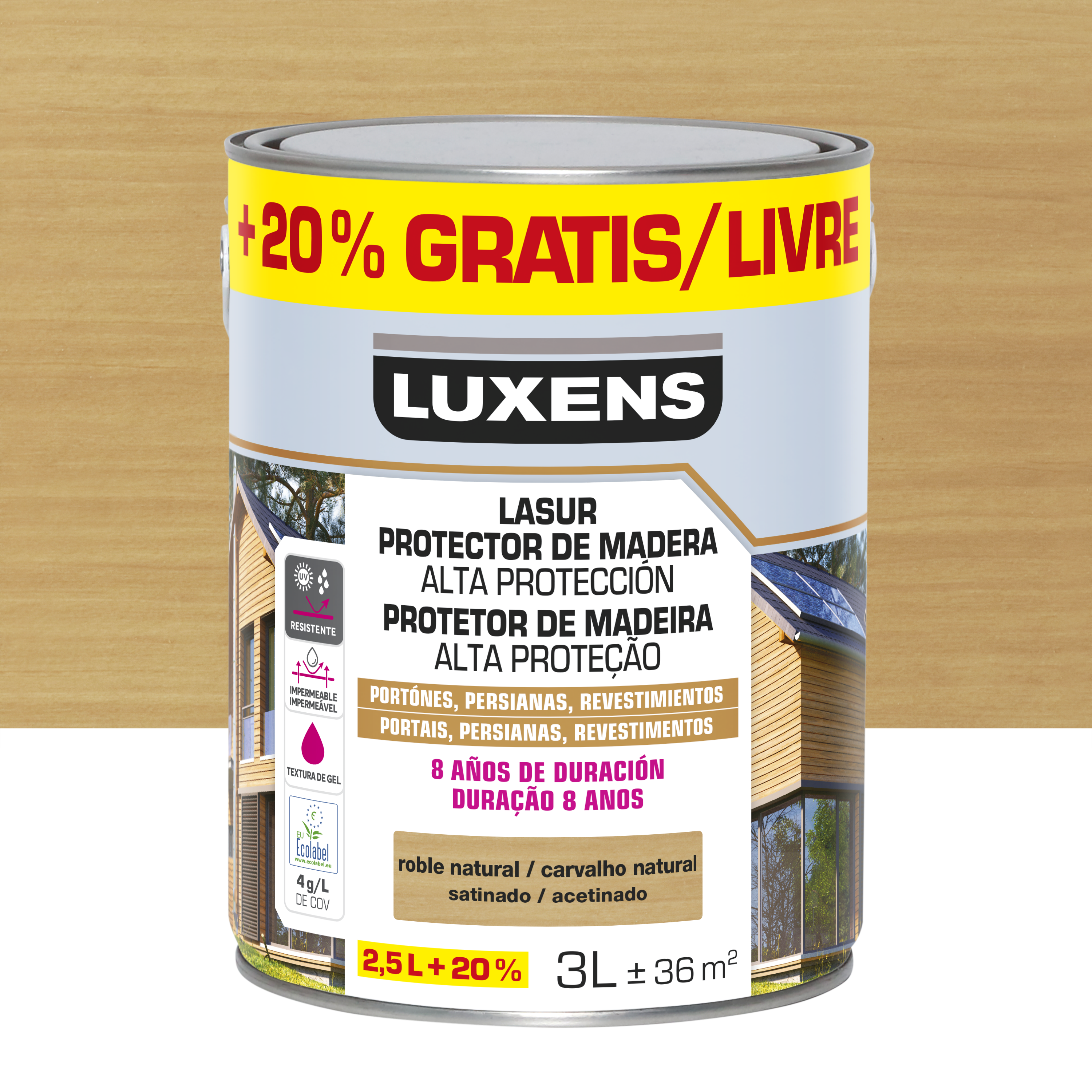 Protector madera exterior satinado 8 años luxens 2.5l+20% gratis roble natural