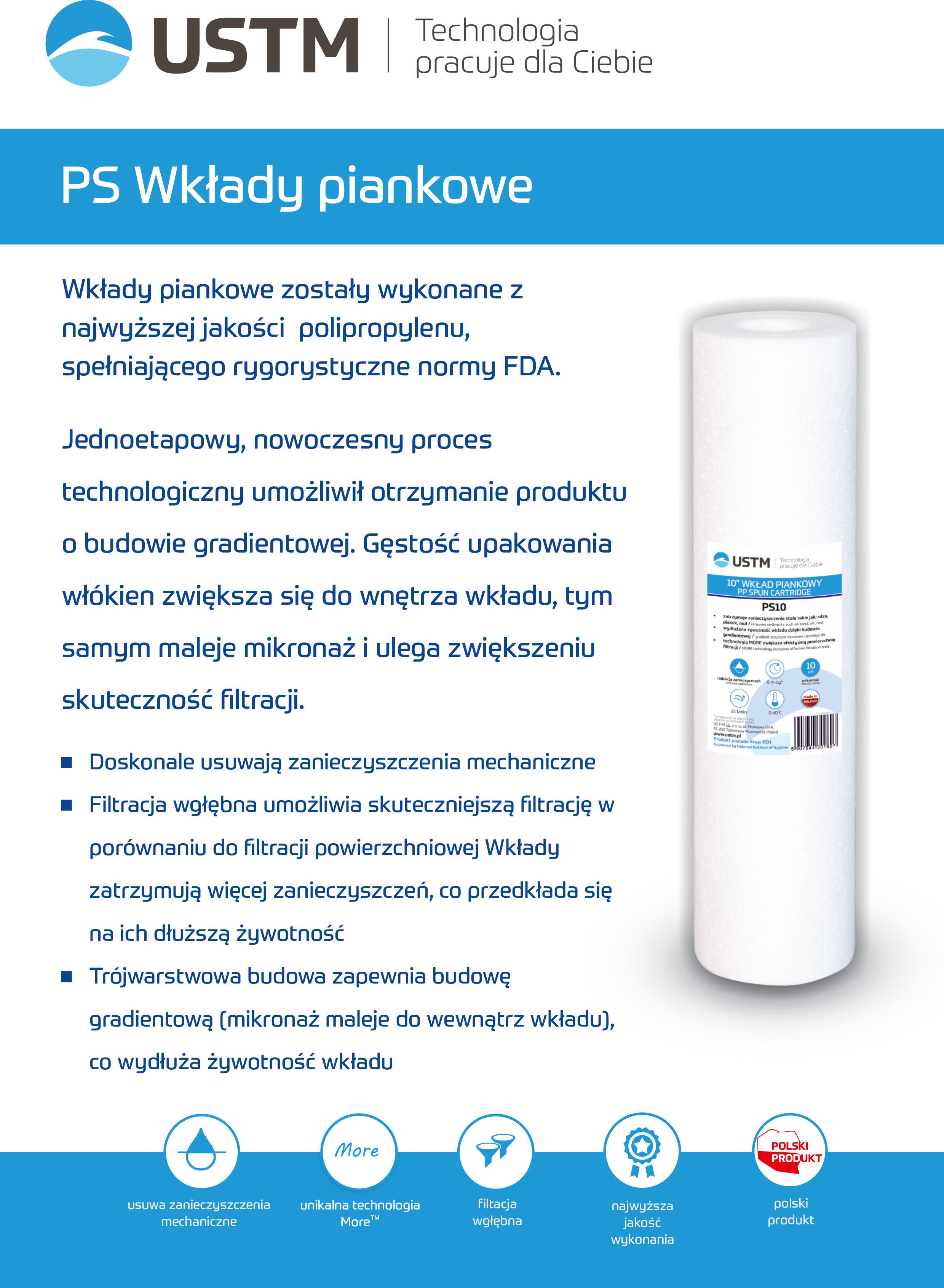 Wkład do filtra - piankowy 5” 1 mikron PS1/5 USTM - 3