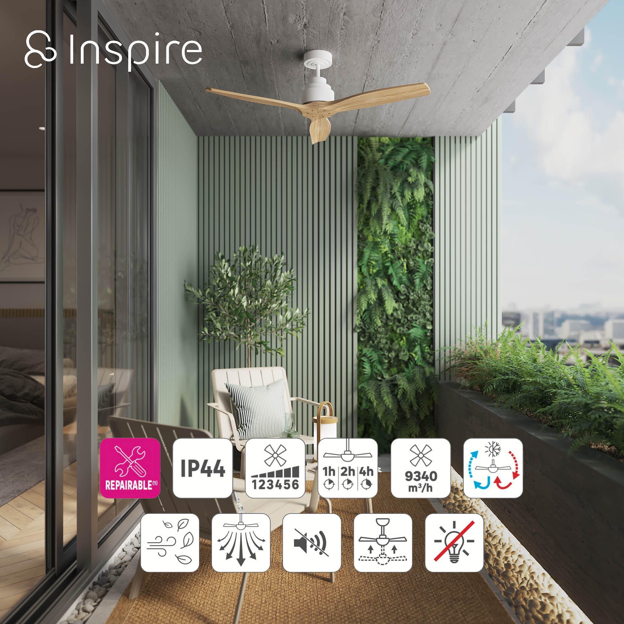 Ventilador de techo sin luz silencioso DC exterior Inspire Loret beige/blanco 122 cm - 5
