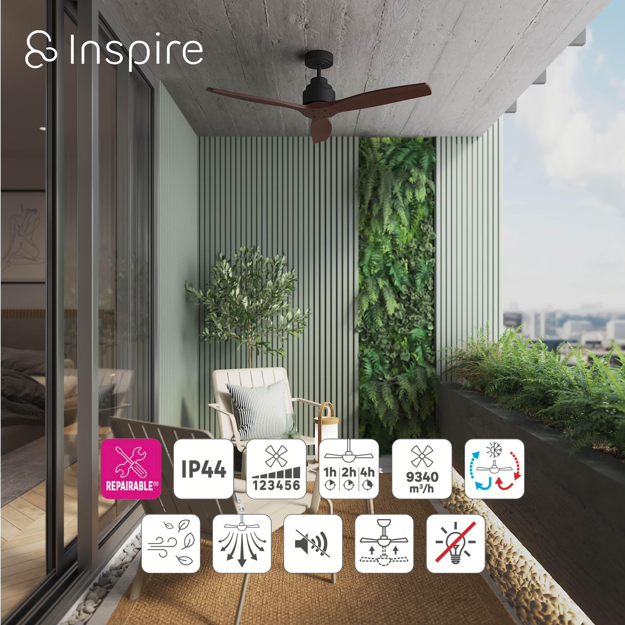 Ventilateur de plafond sans lumière, Loret M IP44, INSPIRE, bois foncé - 6