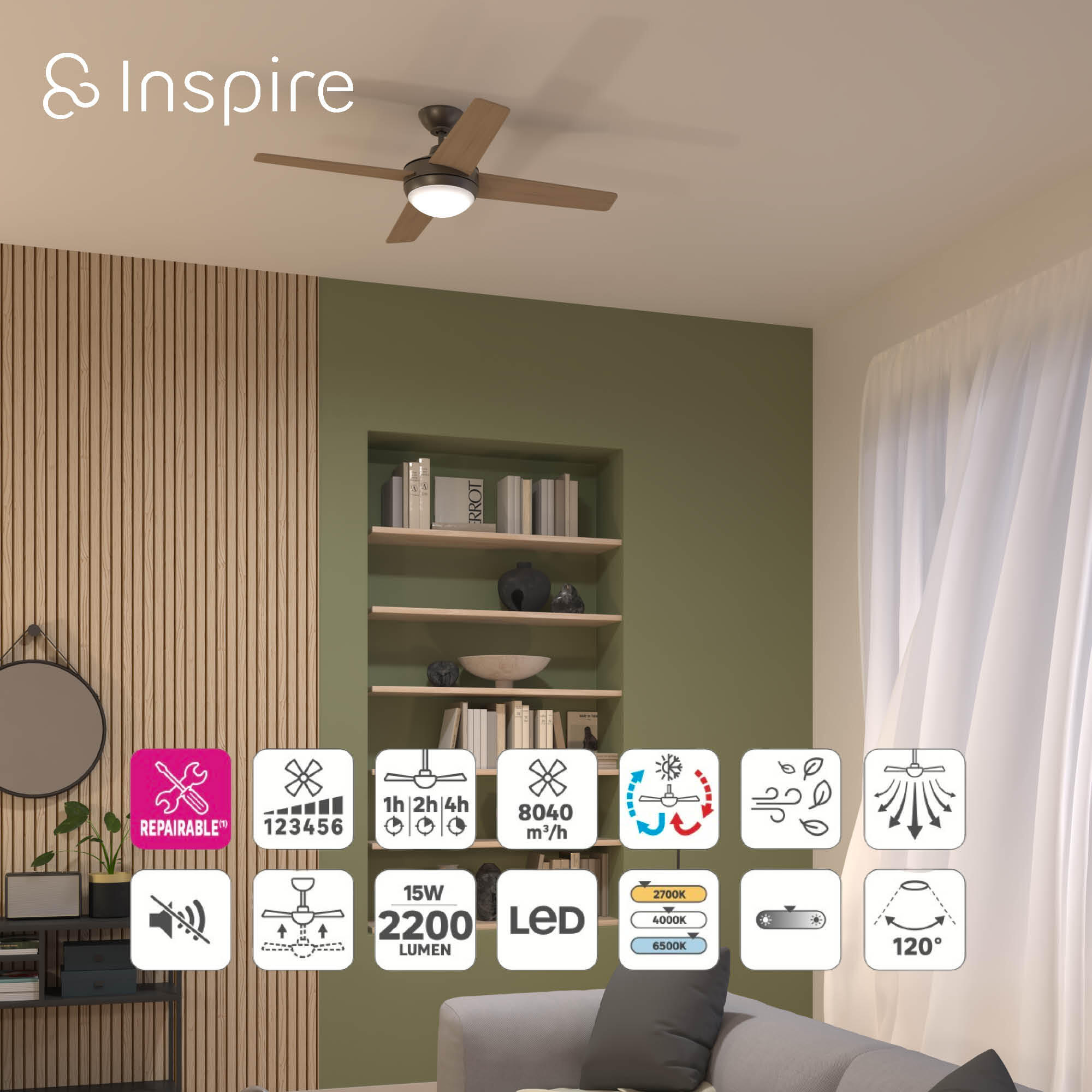 Ventilador de techo con luz silencioso DC Inspire Aveiro gris/beige 122 cm - 7