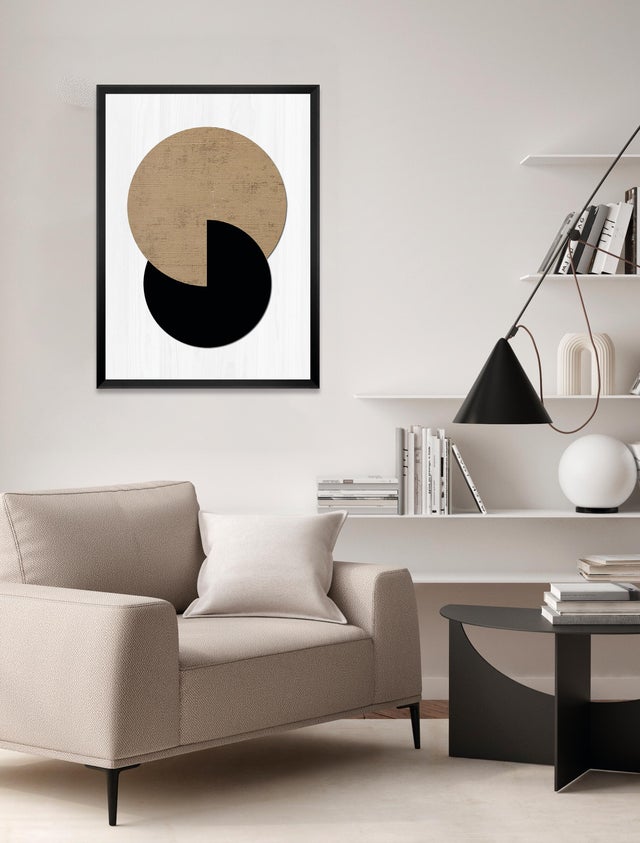 Cuadro pintura impresa enmarcada Abstracto rectangular de 52 x 72 cm. MDF Circulos negro. Marco color negro
