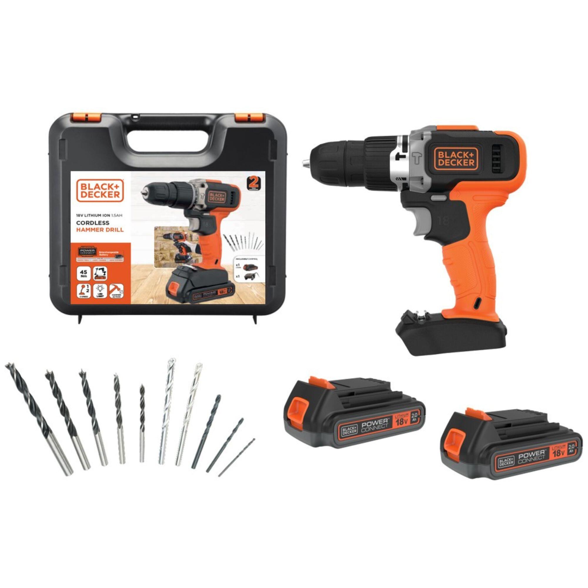 Taladro percutor a batería BLACK + DECKER 18V - 2 baterias 2Ah de Litio, 10 brocas, cargador 0,4A y maletín - BCD003D2KA-QW - 2