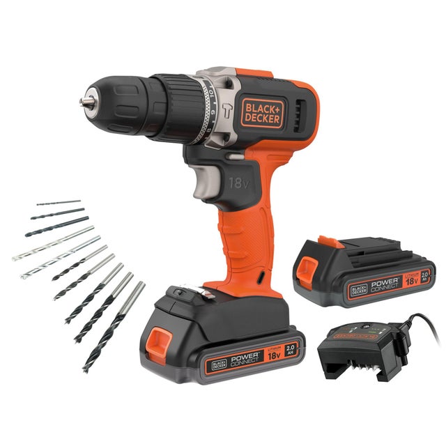 Taladro percutor a batería BLACK + DECKER 18V - 2 baterias 2Ah de Litio, 10 brocas, cargador 0,4A y maletín - BCD003D2KA-QW