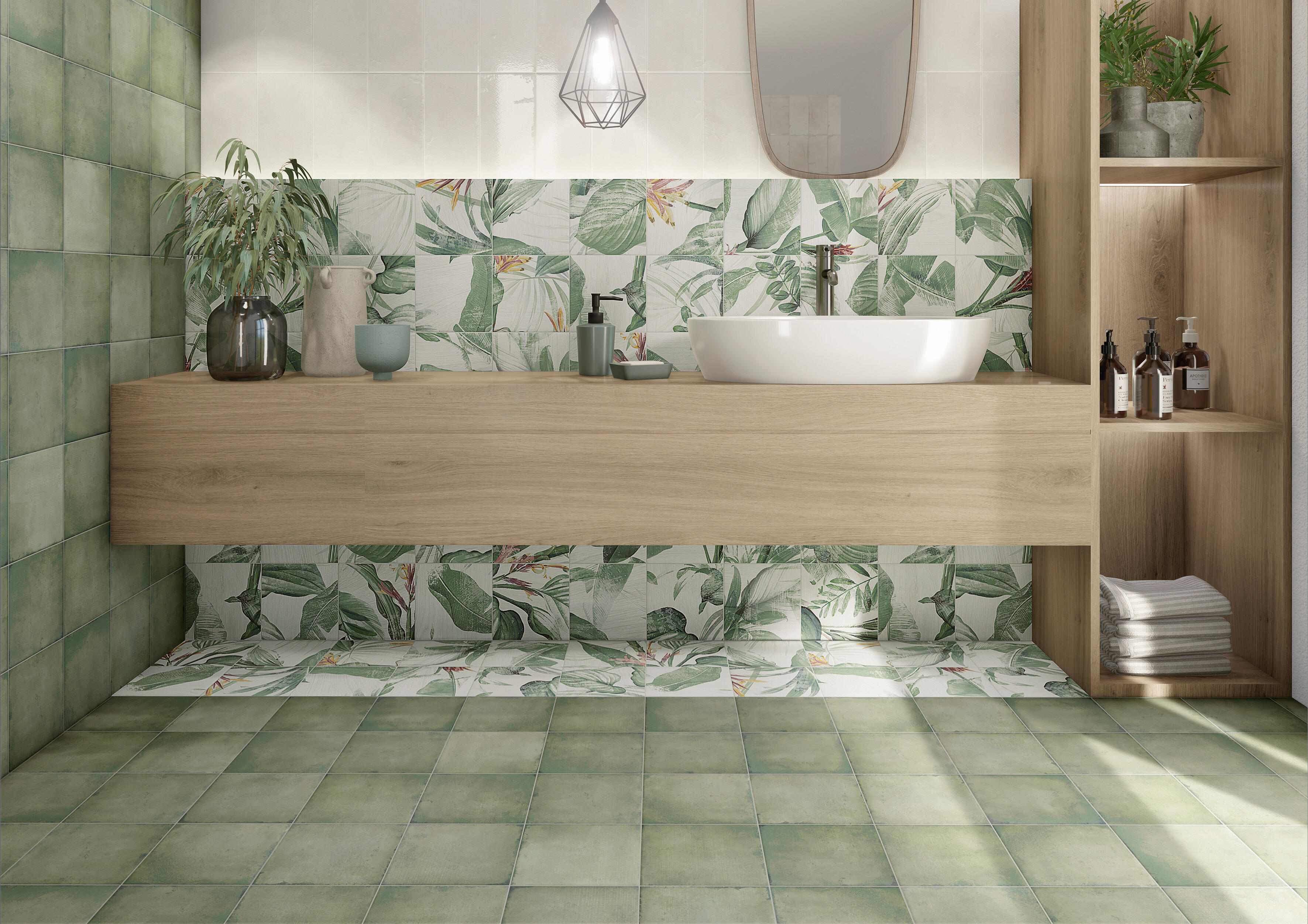 Suelo/azulejo porcelánico murales efecto papel pintado verde/blanco 20x20 cm c2