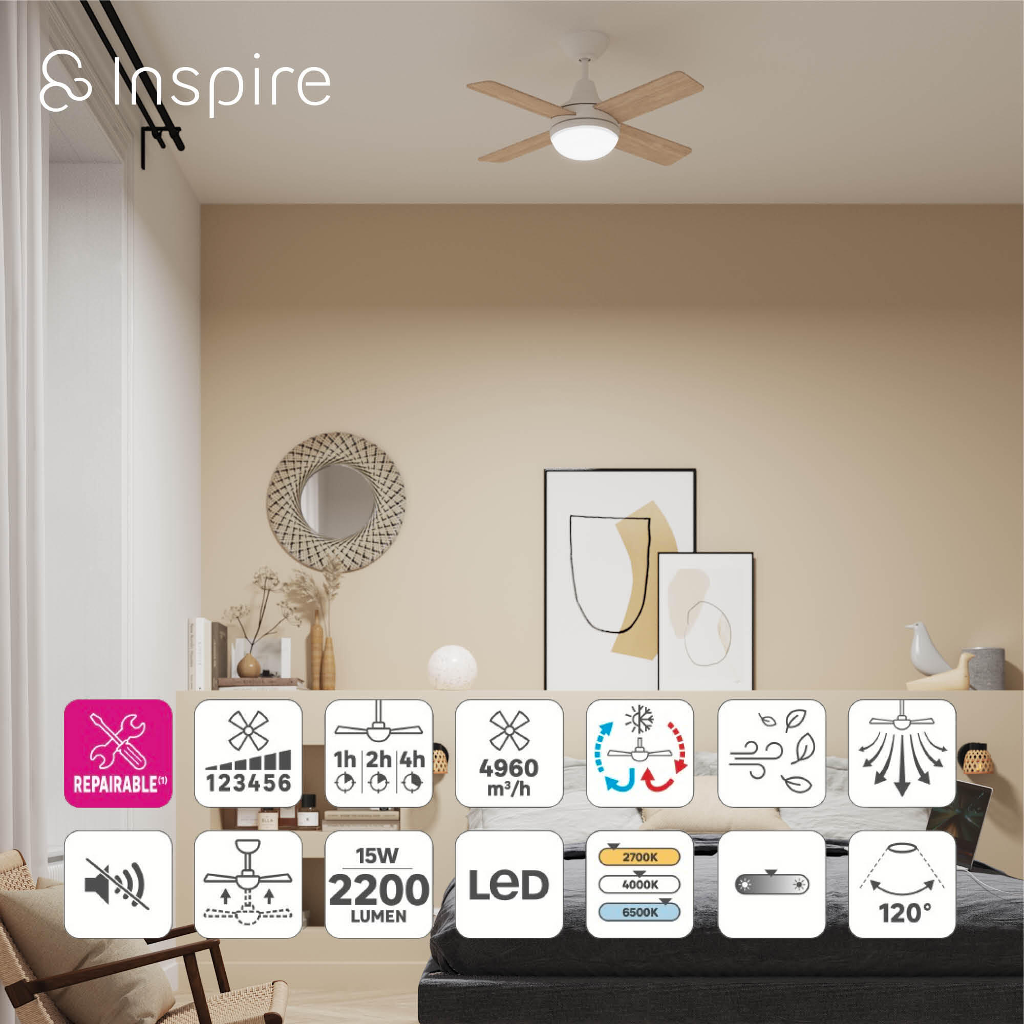 Ventilador de techo con luz silencioso DC Inspire Aveiro beige/blanco 91 cm - 7