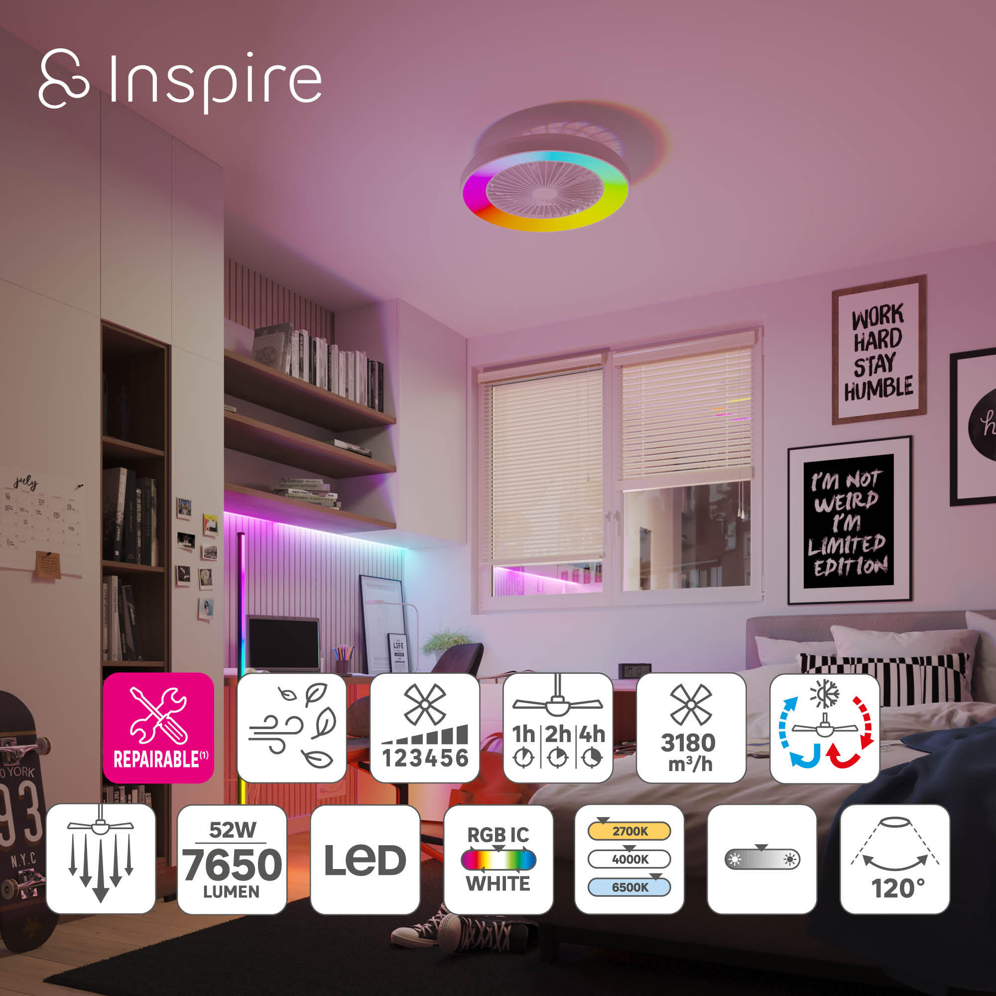 Lampowentylator Estepa śr. 58 cm RGB 7650 lm LED Inspire - 12