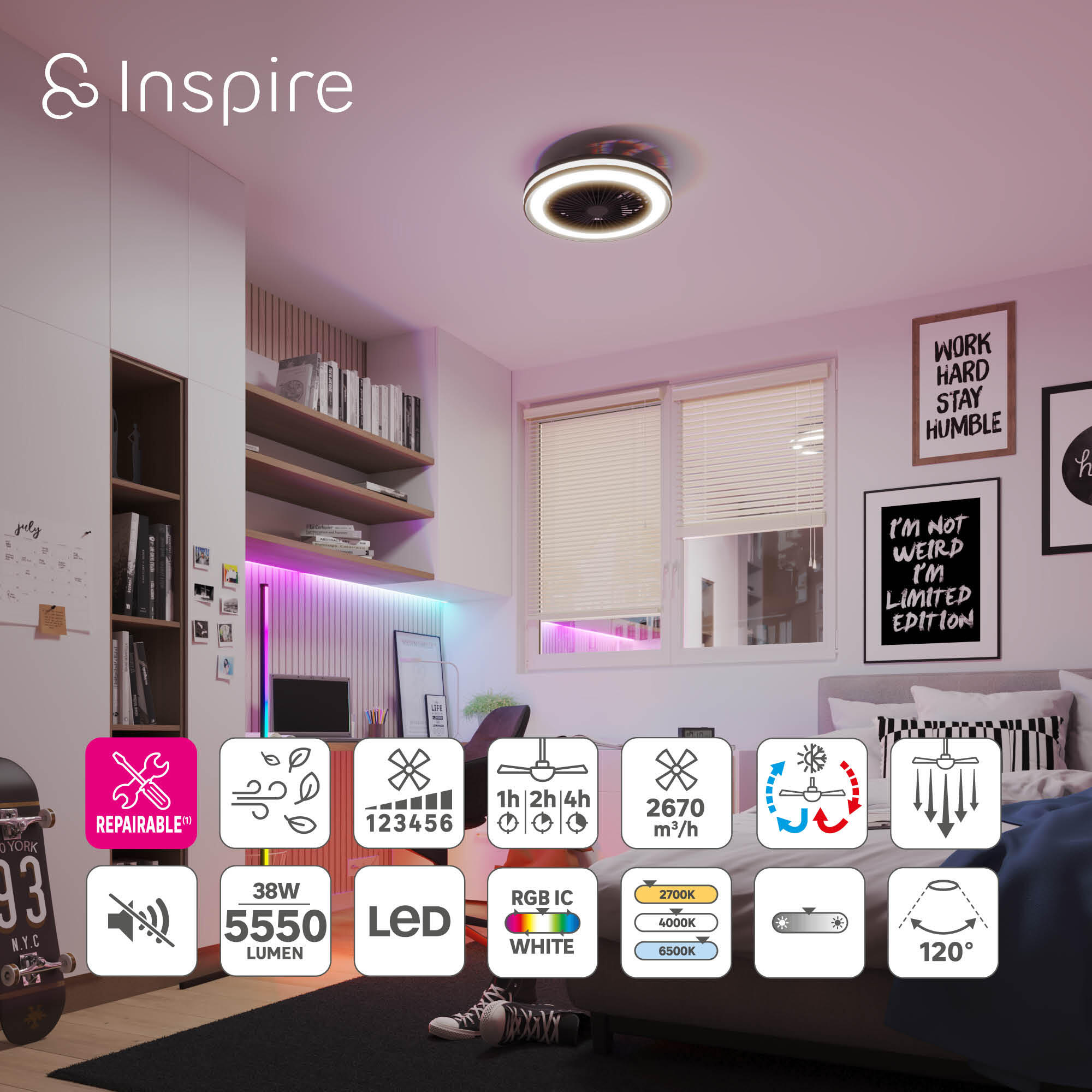 Ventilateur de plafond LED silencieux, Rafaga, 47 cm, INSPIRE, noir - 3