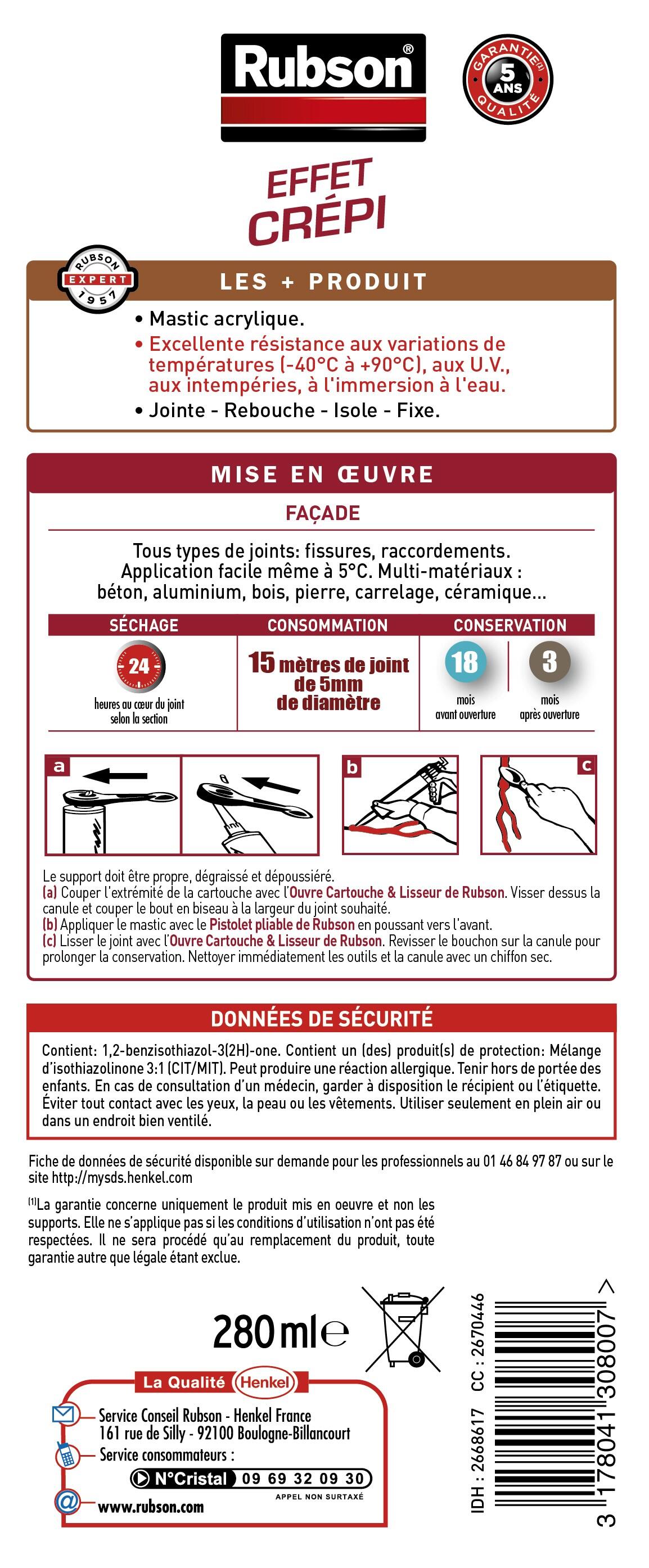 Mastic d'étanchéité Façade effet crépi RUBSON beige, 280 ml - 5