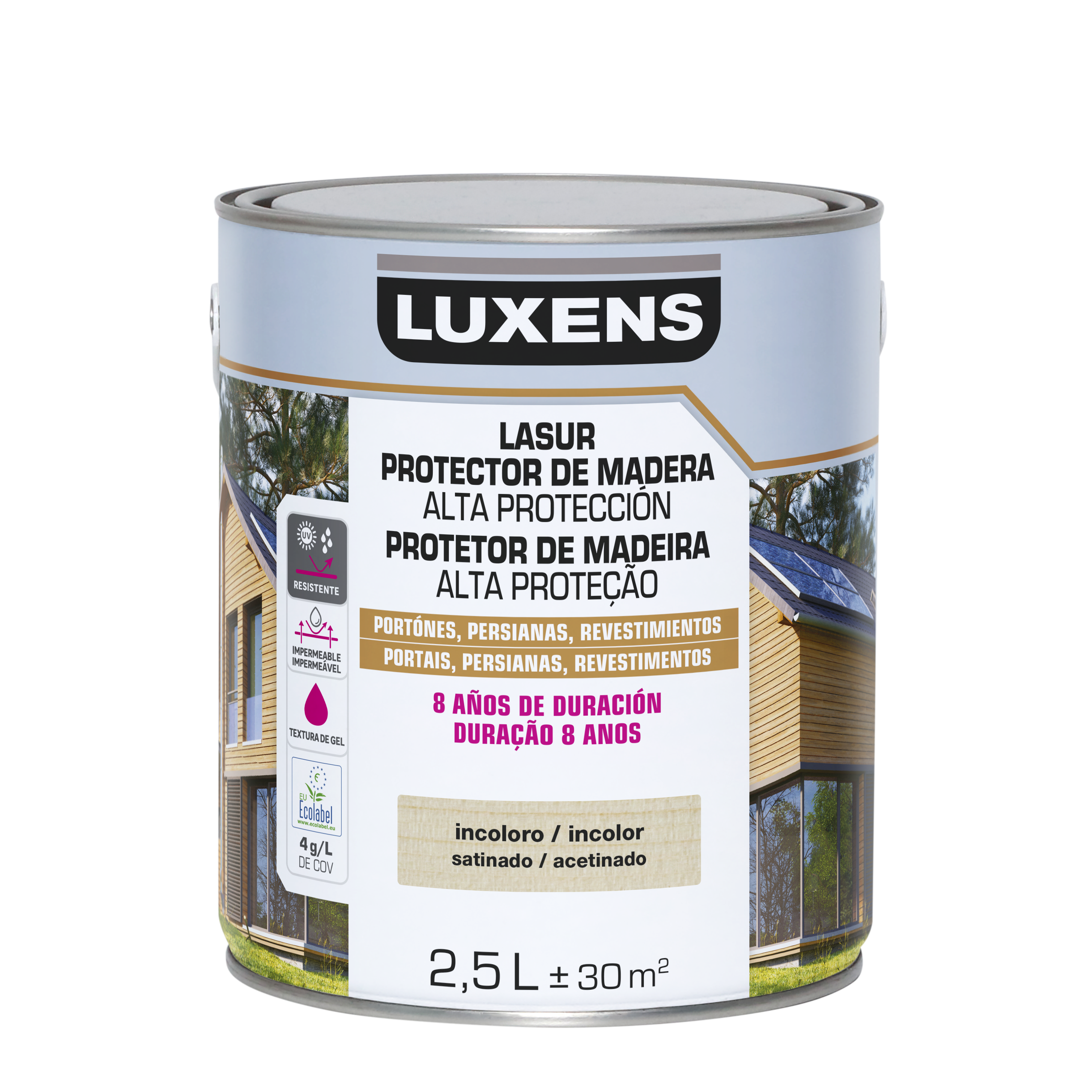 Protector madera exterior color incoloro para valla, caseta de jardín, cancela, fachada, friso, persiana LUXENS satinado 2.5L base agua - 2
