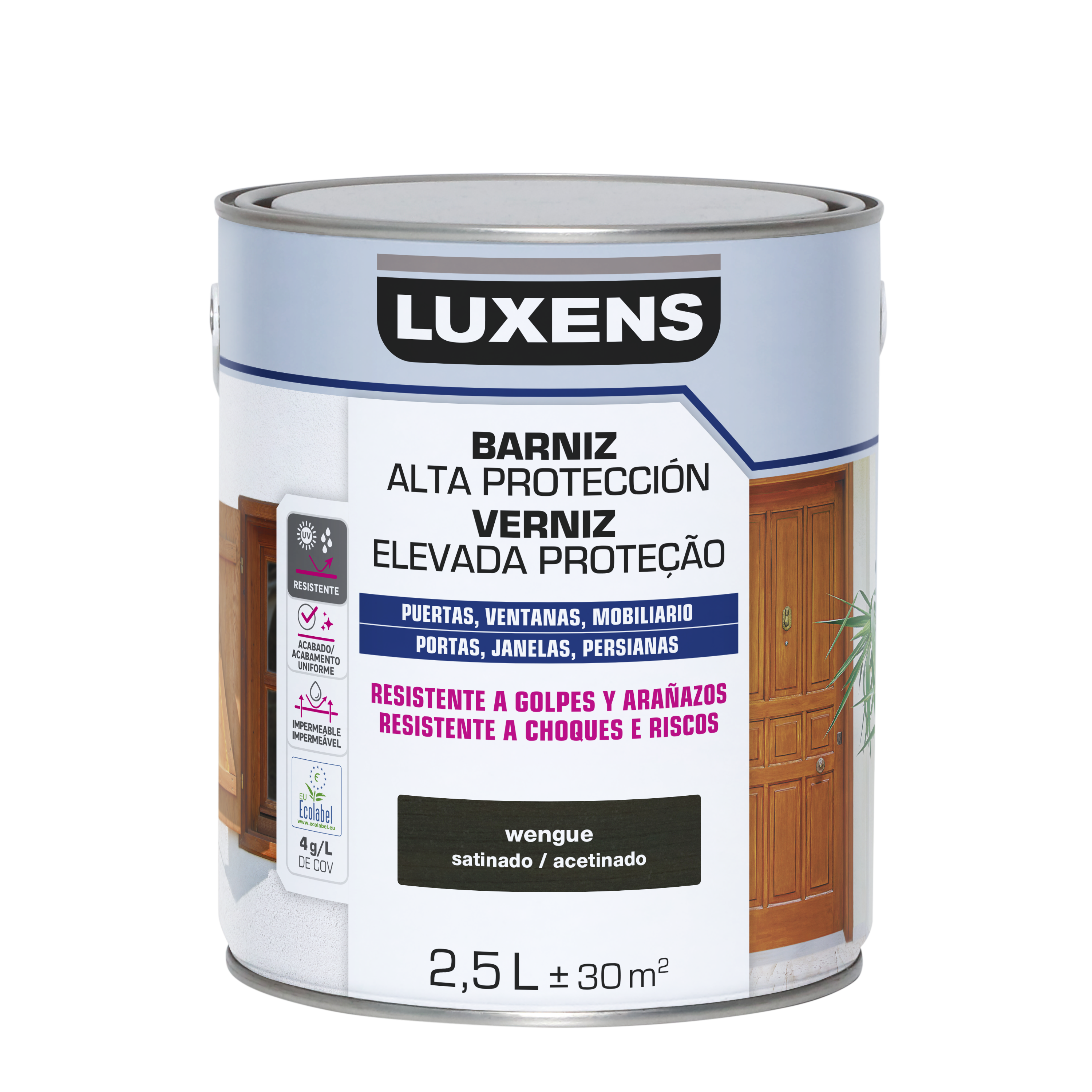 Barniz de madera de exterior color wengue para ventana, puerta, valla, mobiliario, cancela LUXENS satinado 2.5L base agua - 2