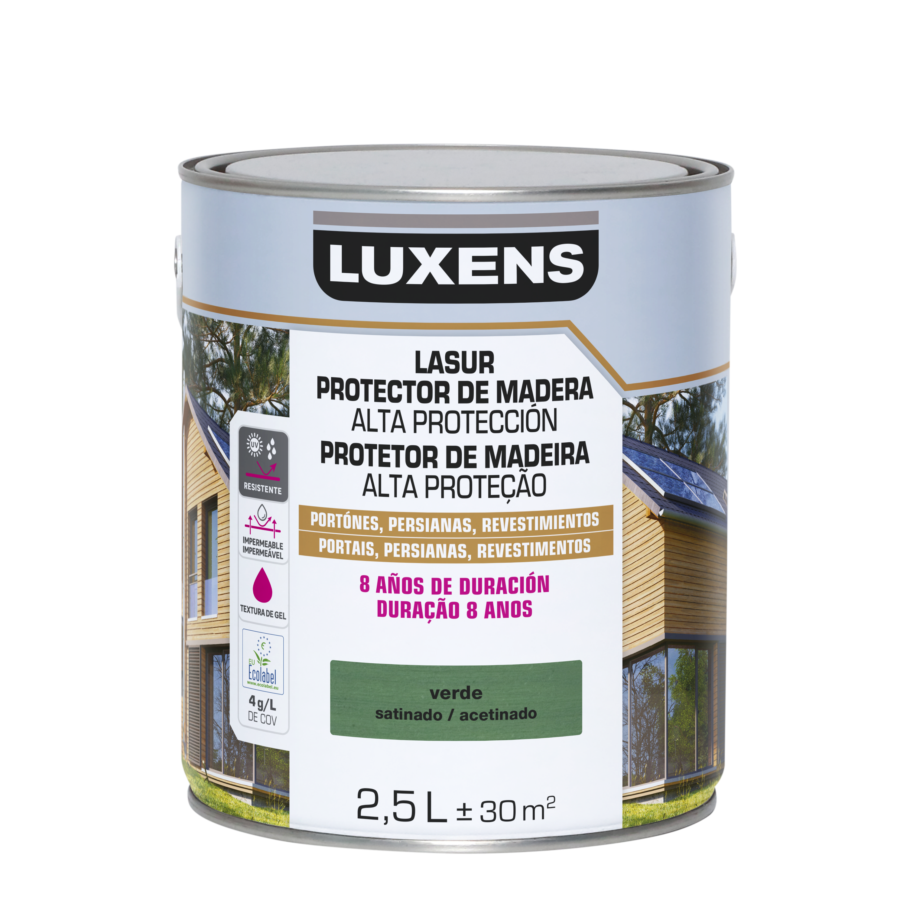 Protector madera exterior color verde para valla, caseta de jardín, cancela, fachada LUXENS satinado 2.5L base agua - 2