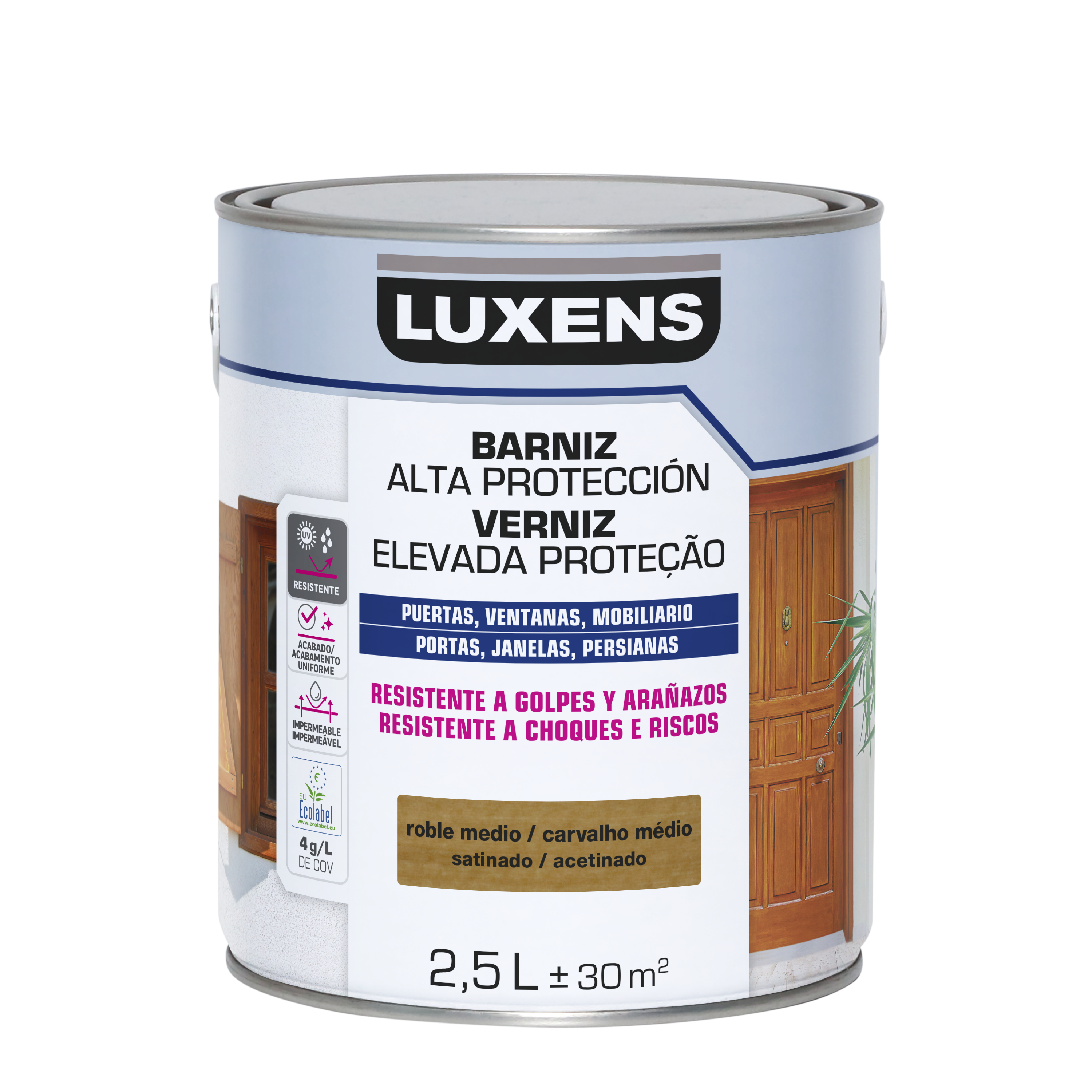 Barniz de madera de exterior color roble medio para ventana, puerta, persiana, valla, mobiliario, cancela LUXENS satinado 2.5L base agua - 2