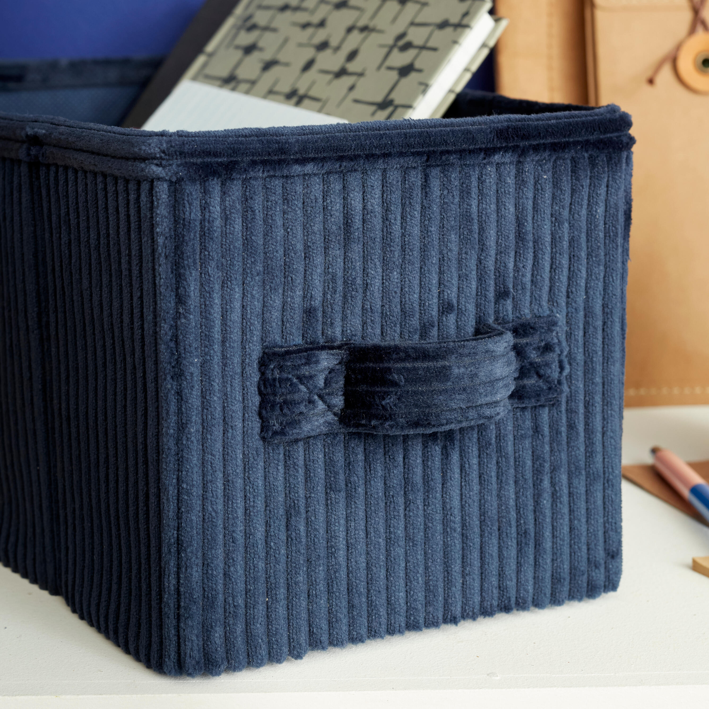 Panier SPACEO Kub effet velours bleu H.14 x l.14 x P.31 cm - 5