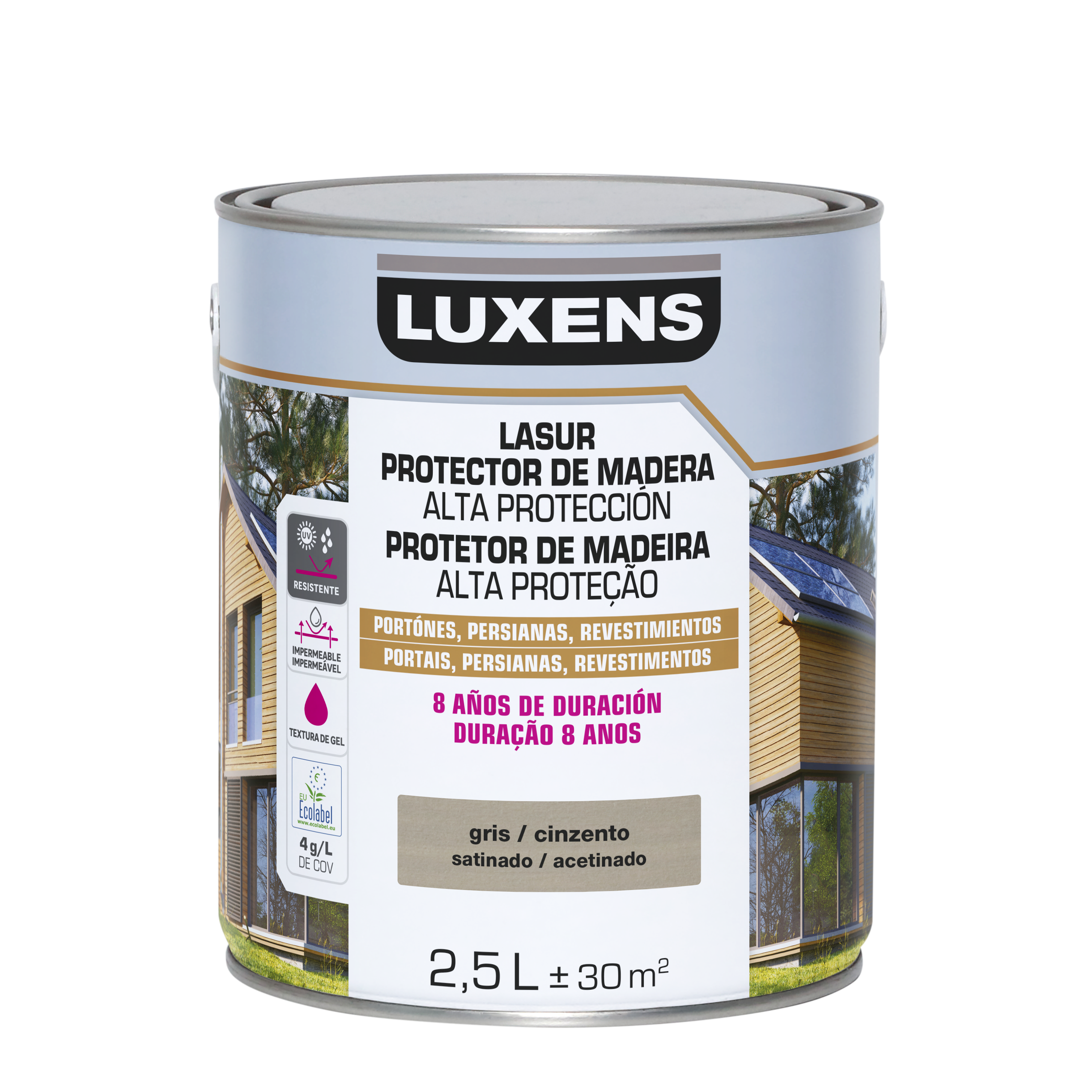 Protector madera exterior color gris para valla, cancela, caseta de jardín LUXENS satinado 2.5L base agua - 2