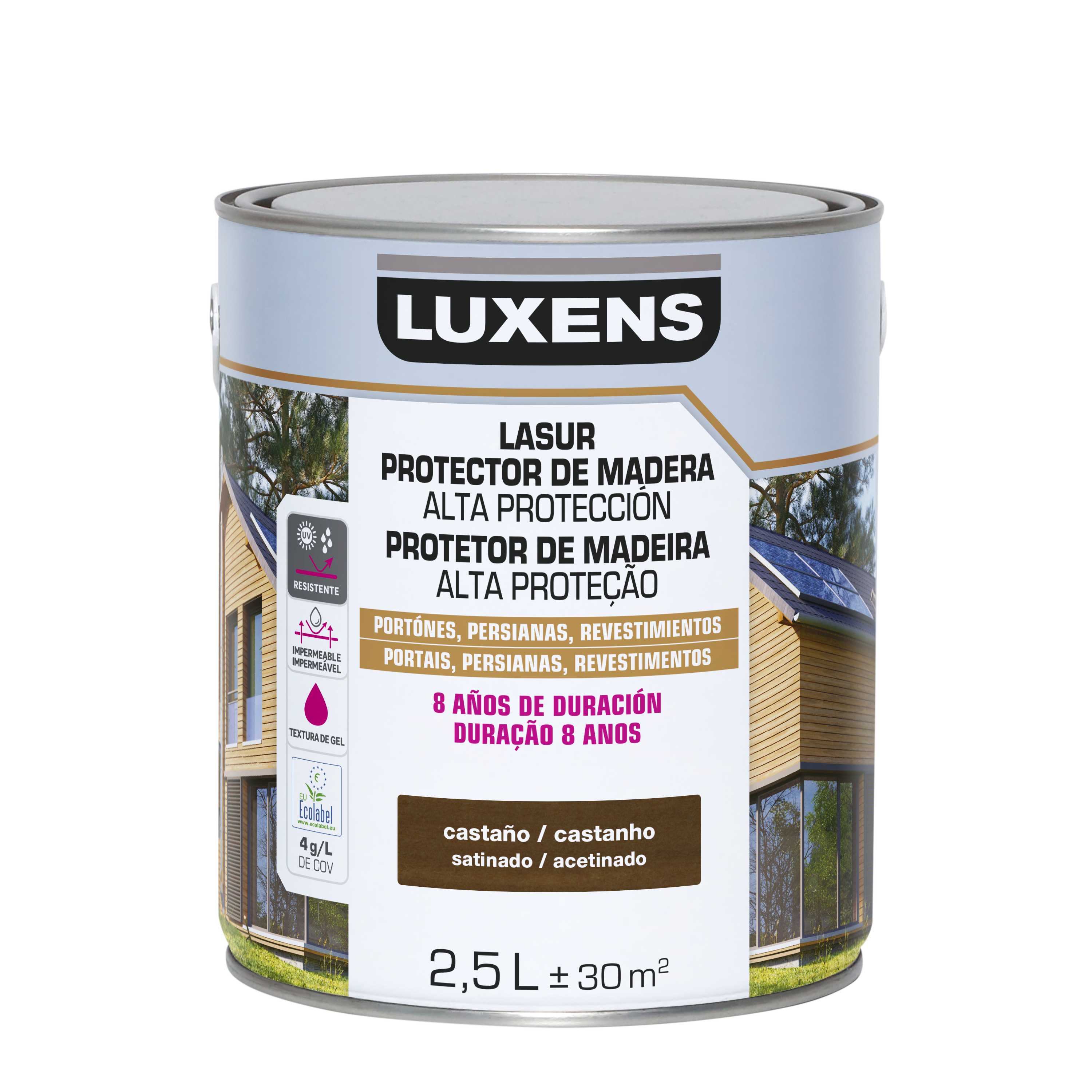 Protector madera exterior color castaño para caseta de jardín, valla, cancela, fachada LUXENS satinado 2.5L base agua - 2