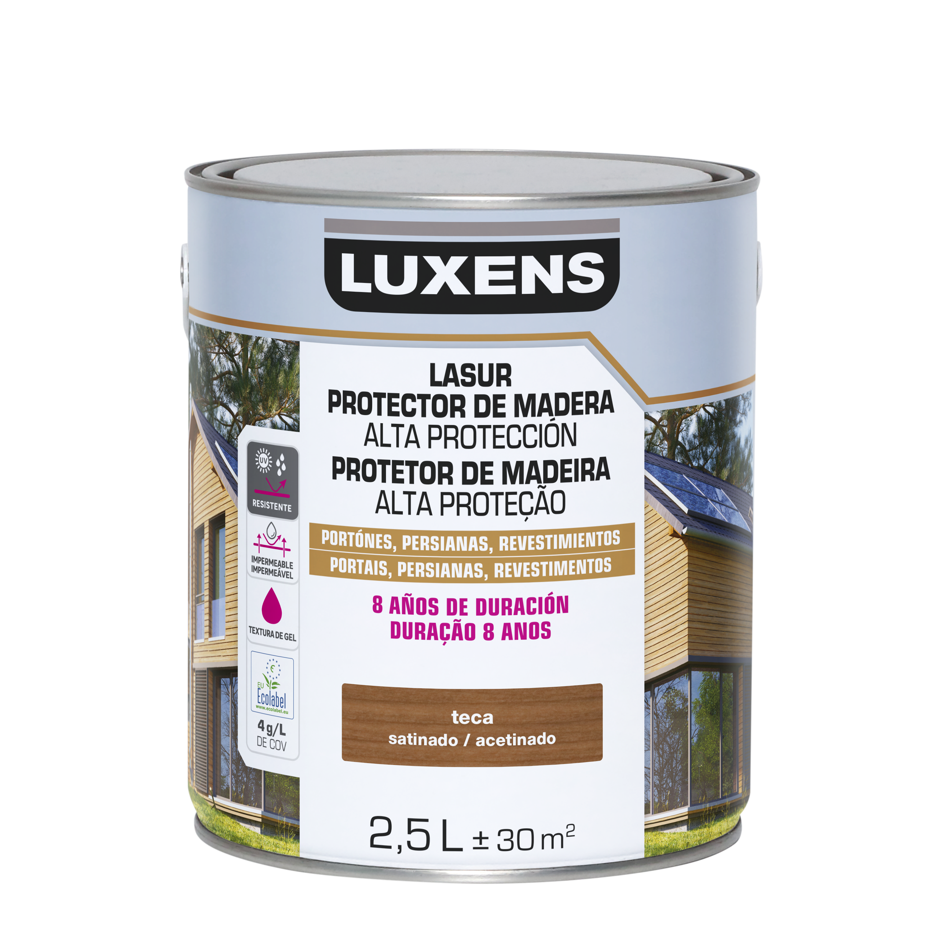 Protector madera exterior color teca para caseta de jardín, valla, cancela, fachada LUXENS satinado 2.5L base agua - 2