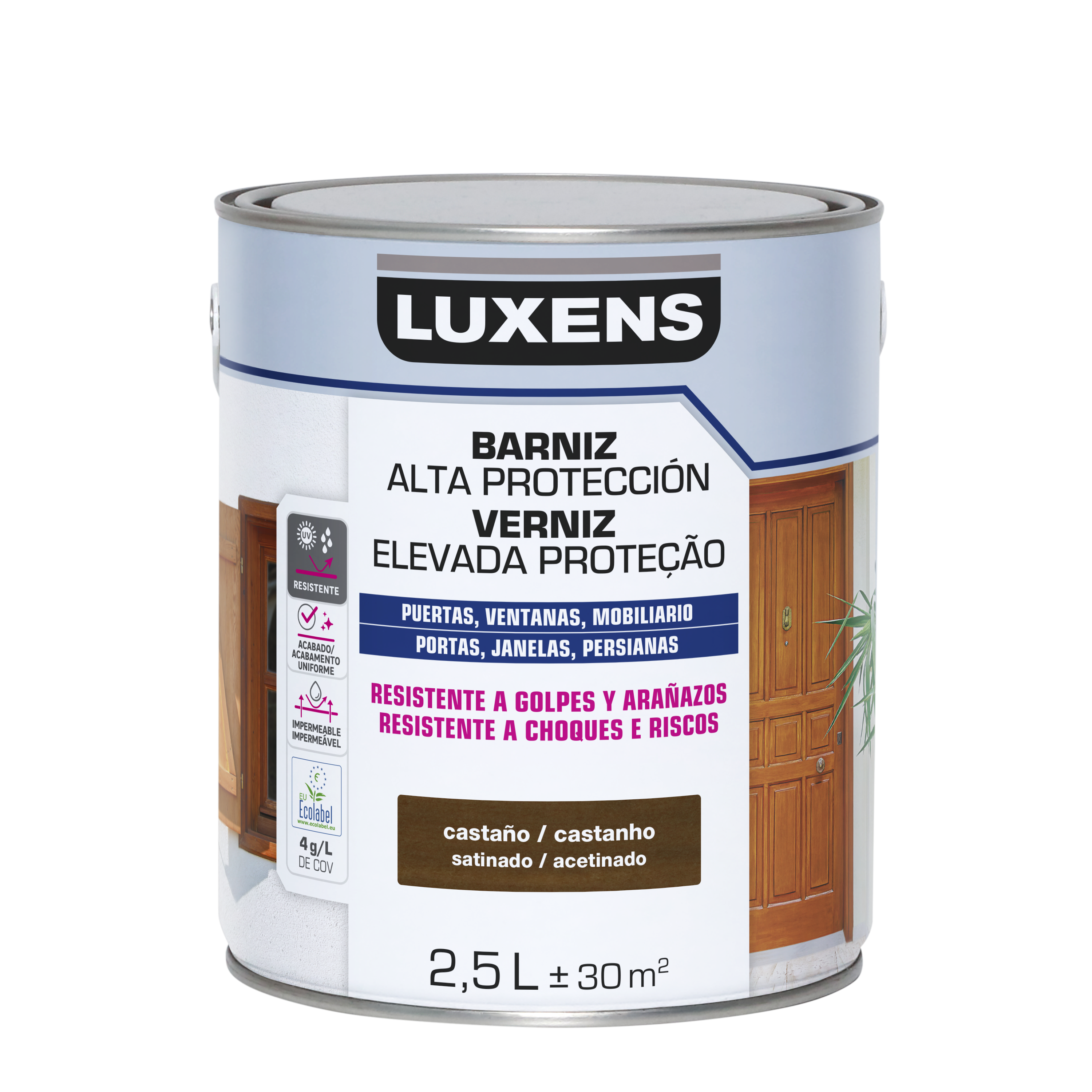 Barniz de madera de exterior color castaño para ventana, puerta, persiana, valla, mobiliario, cancela LUXENS satinado 2.5L base agua - 2