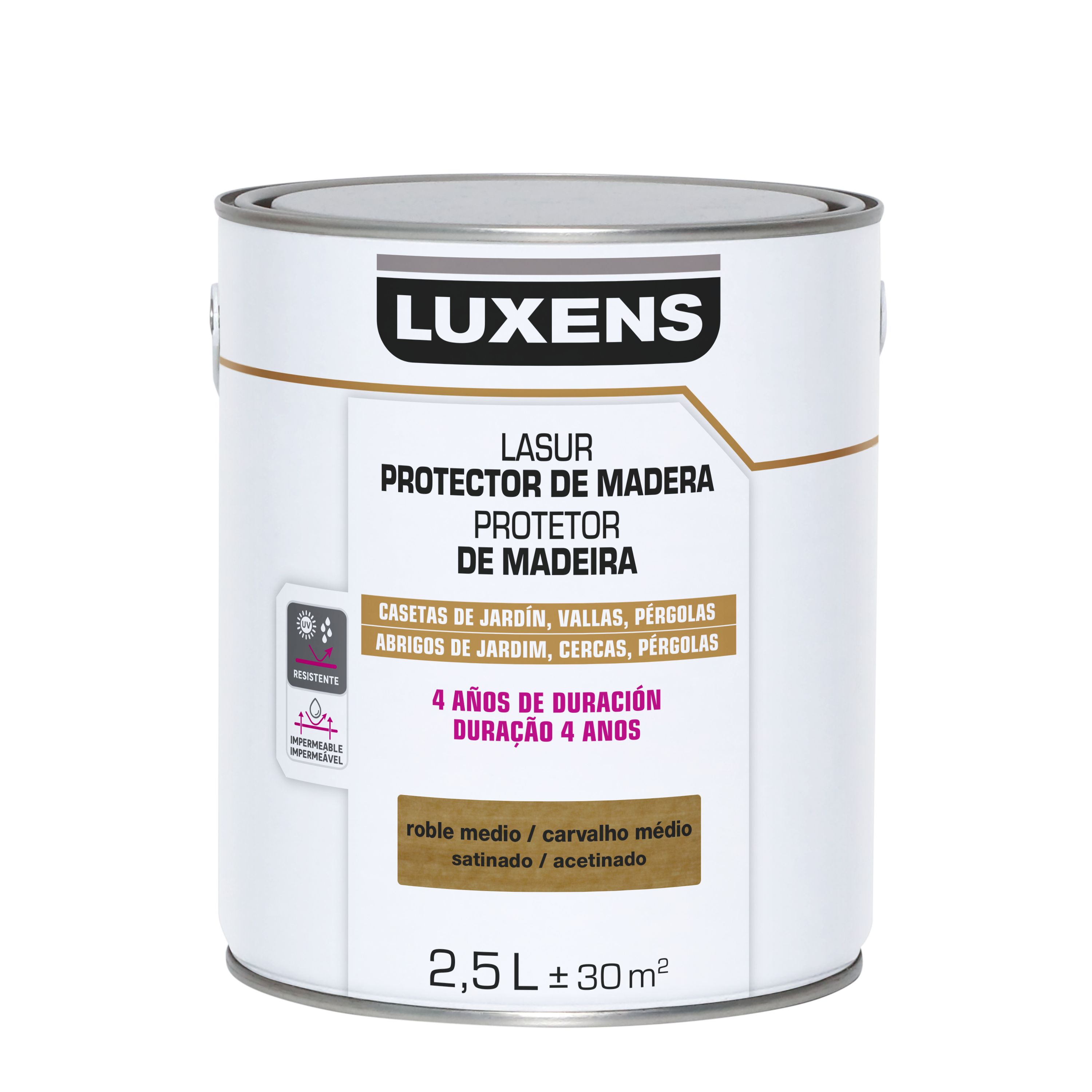 Protector madera exterior color roble medio para valla, caseta de jardín, persiana LUXENS satinado 2.5L base agua - 2