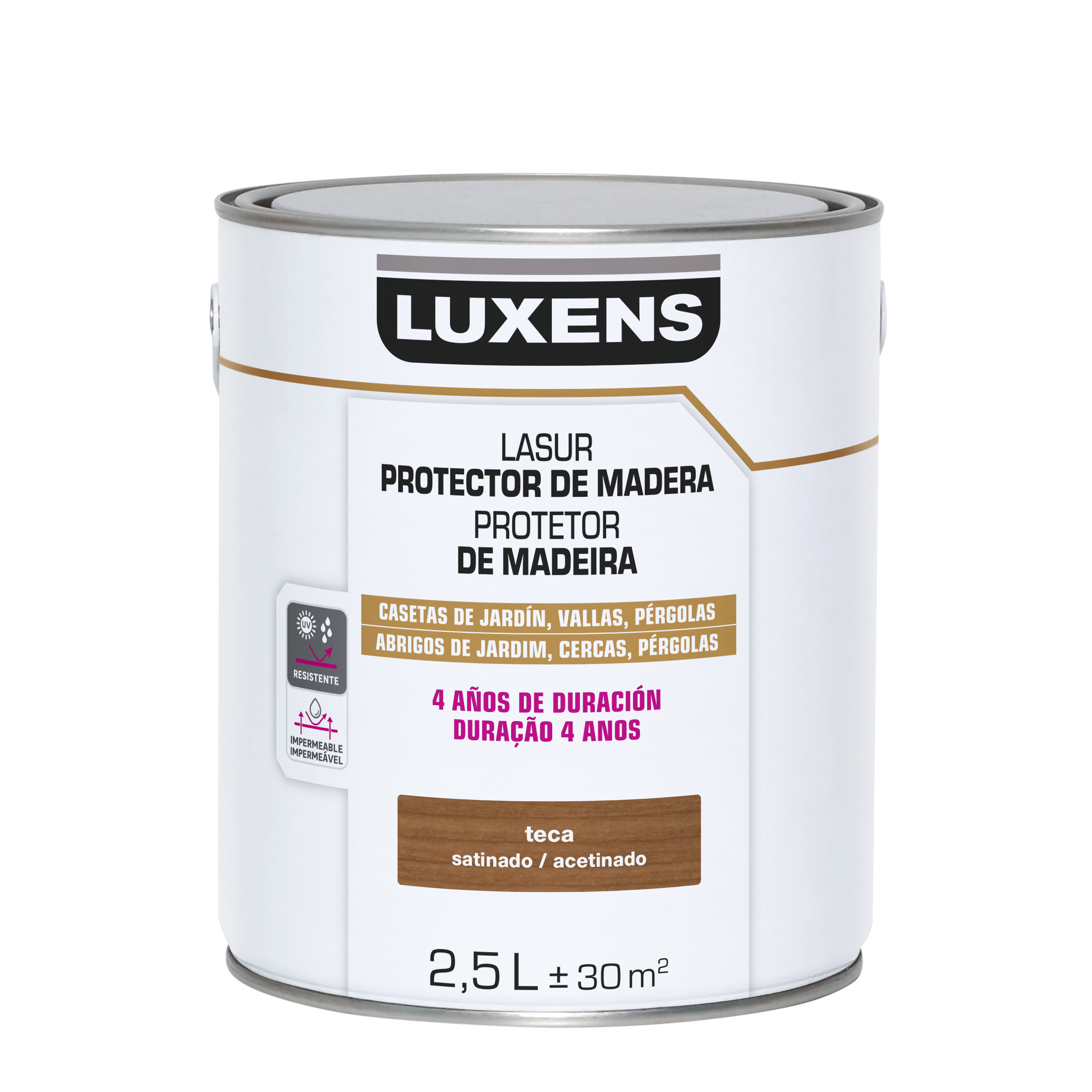 Protector madera exterior color teca para caseta de jardín, valla, persiana LUXENS satinado 2.5L base agua - 2