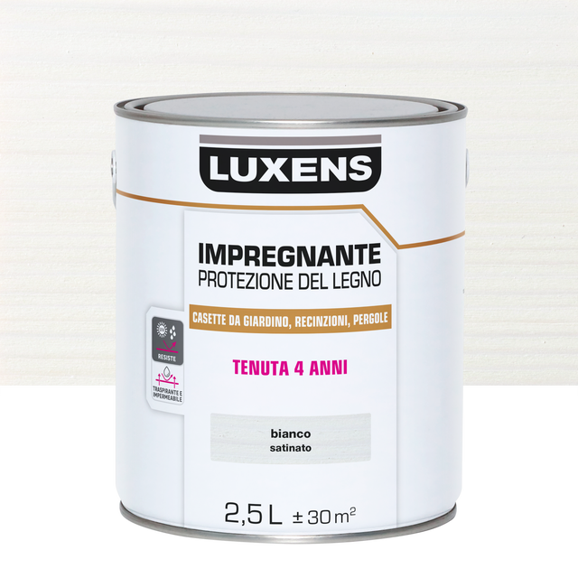 Impregnante per legno da esterno a base acqua LUXENS Protettivo bianco satinato 2.5 lt, 4 anni di protezione.