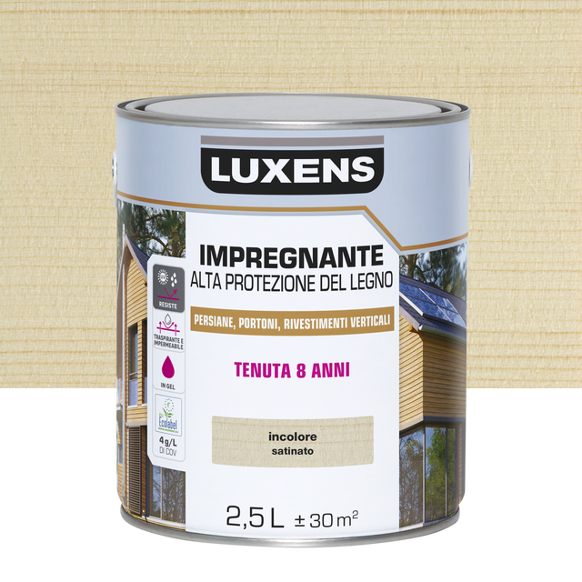 Impregnante per legno da esterno a base acqua LUXENS Alta Protezione incolore satinato 2.5 lt, 8 anni di protezione.