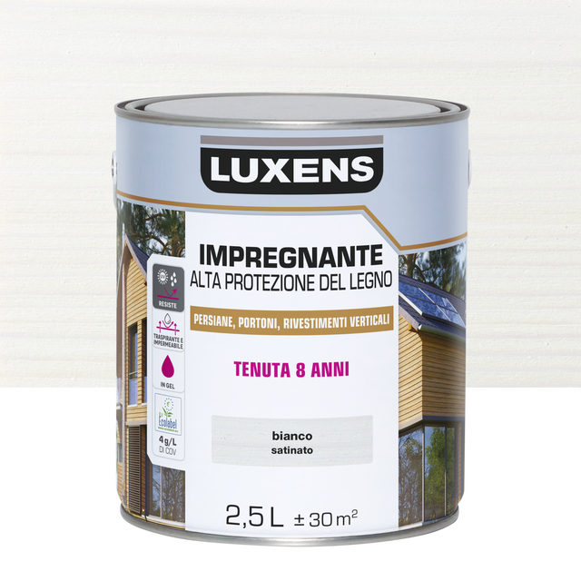 Impregnante per legno da esterno a base acqua LUXENS Alta Protezione bianco satinato 2.5 lt, 8 anni di protezione.