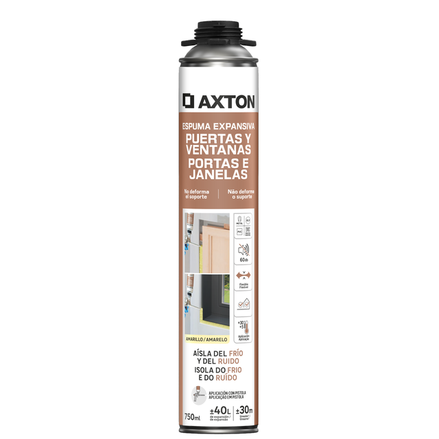 Espuma de poliuretano AXTON 750 ml para ventanas en color amarillo. Tiempo de secado 30 minutos. Aplicación con pistola.