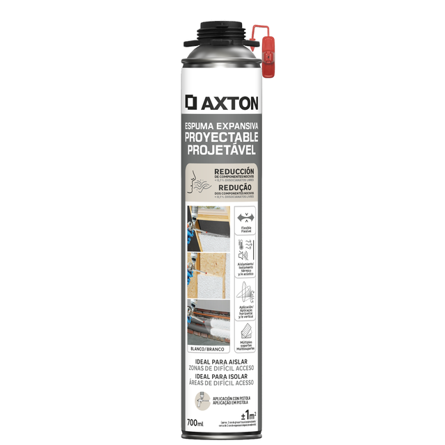 Espuma de poliuretano AXTON proyectable 700 ml para paredes y tejados en color blanco. Tiempo de secado 4 horas. Aplicación con pistola.