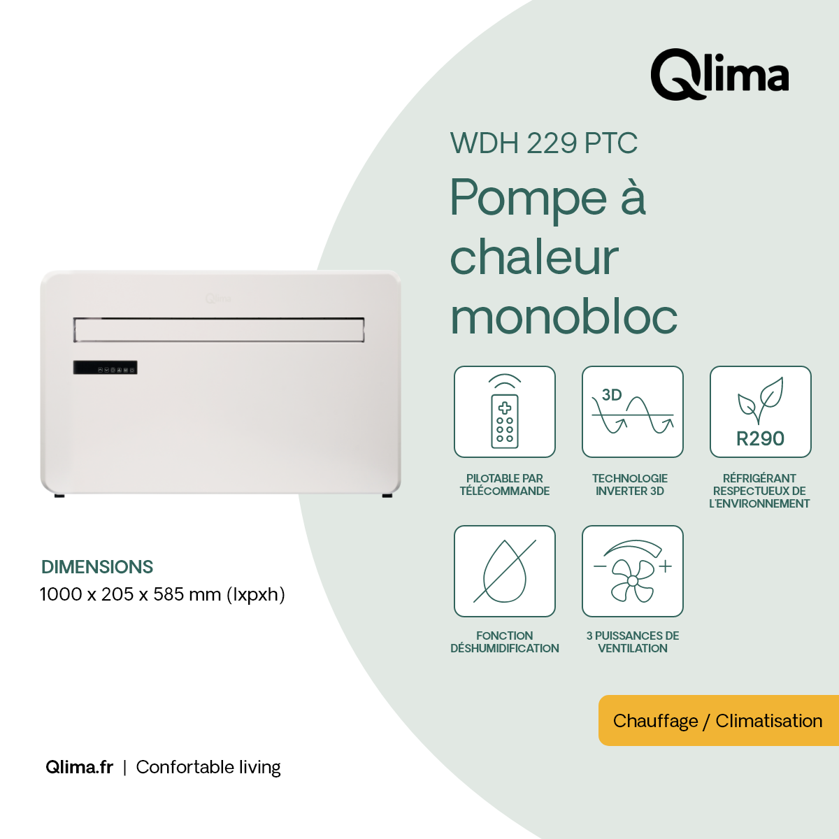 Climatiseur fixe monobloc QLIMA Wdh 229 ptc, 2.93 kW - 6