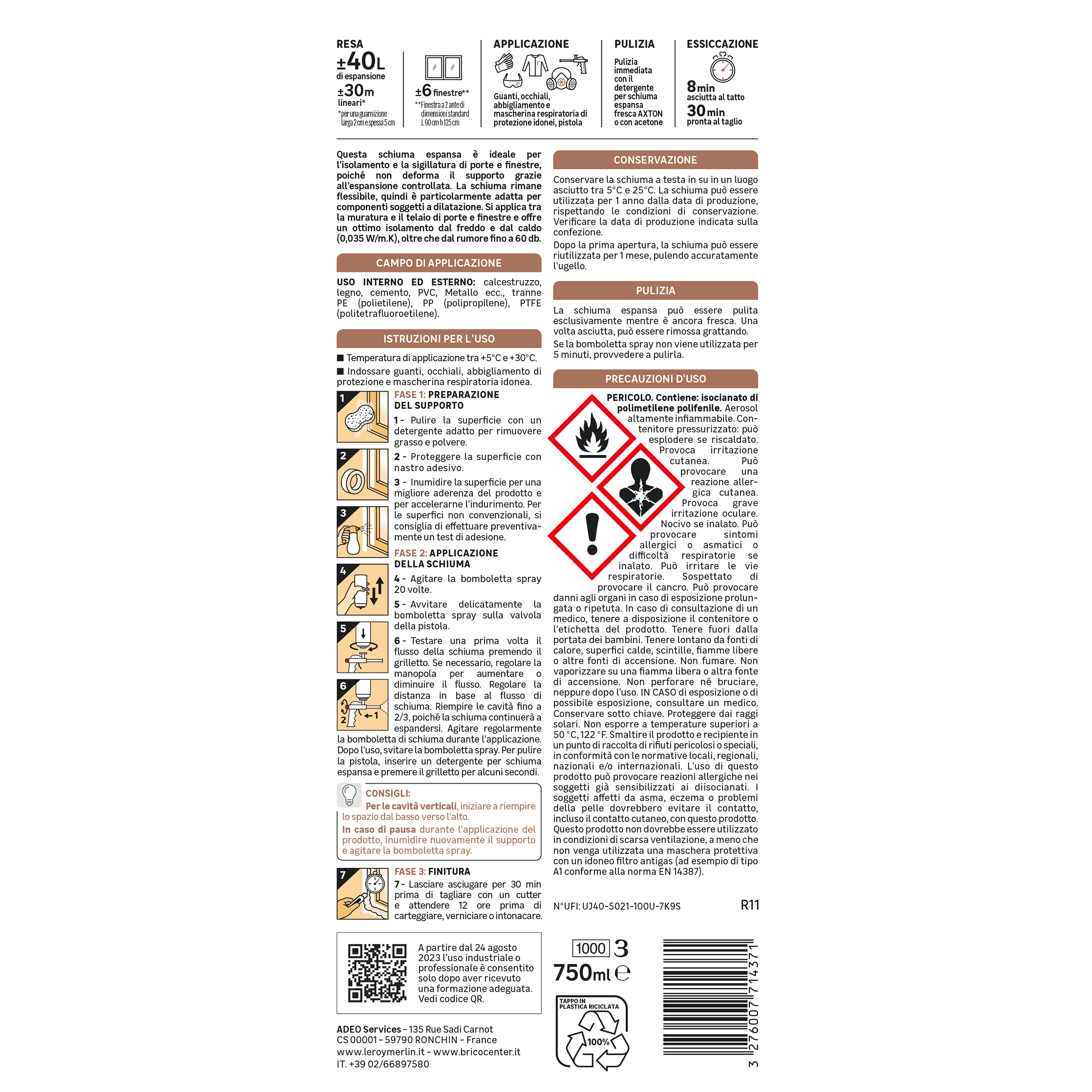 Schiuma espansa poliuretanica AXTON porte e finestre per pistola per isolare 750 ml - 7