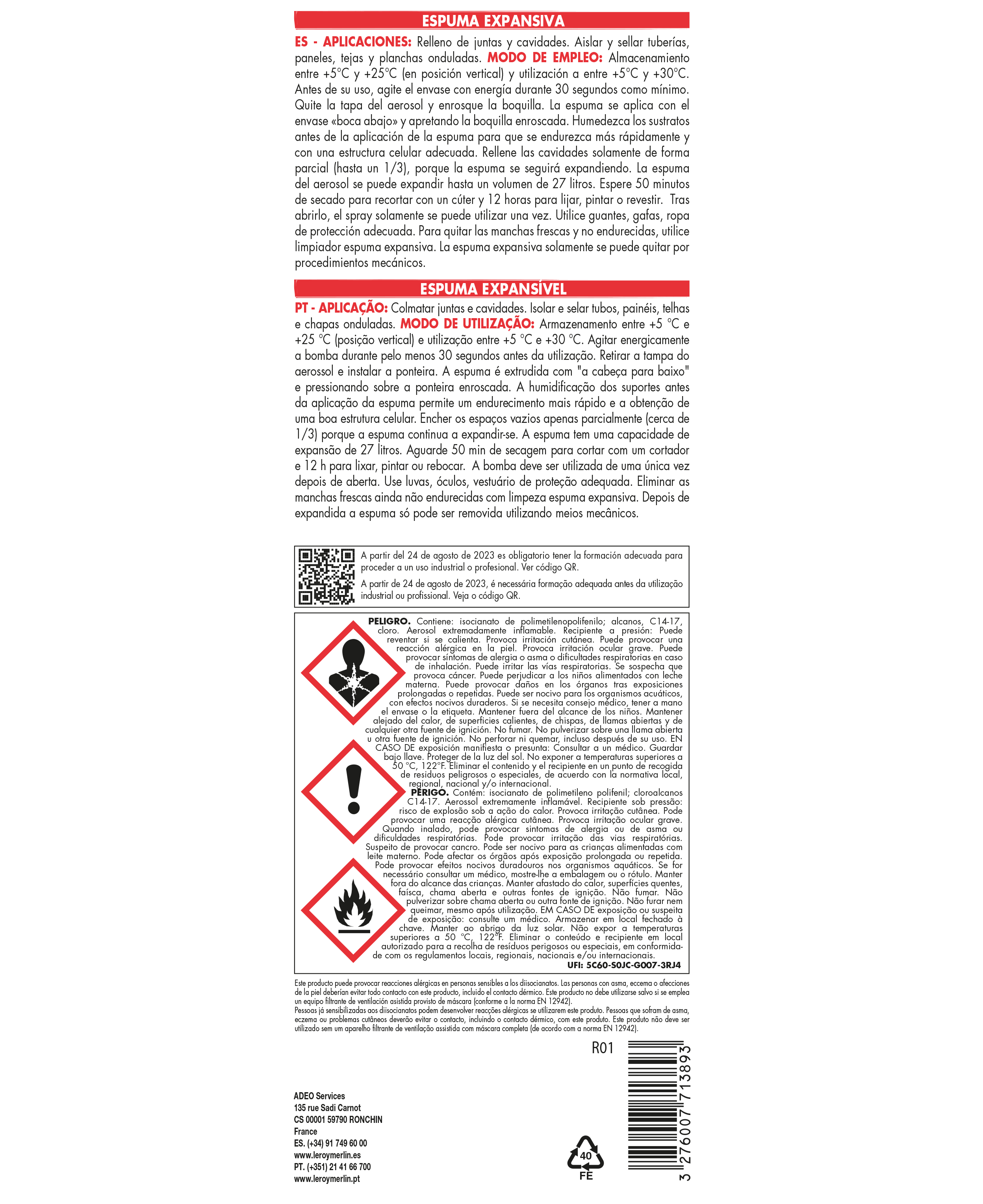 Espuma expansiva 750ml amarillo - 2