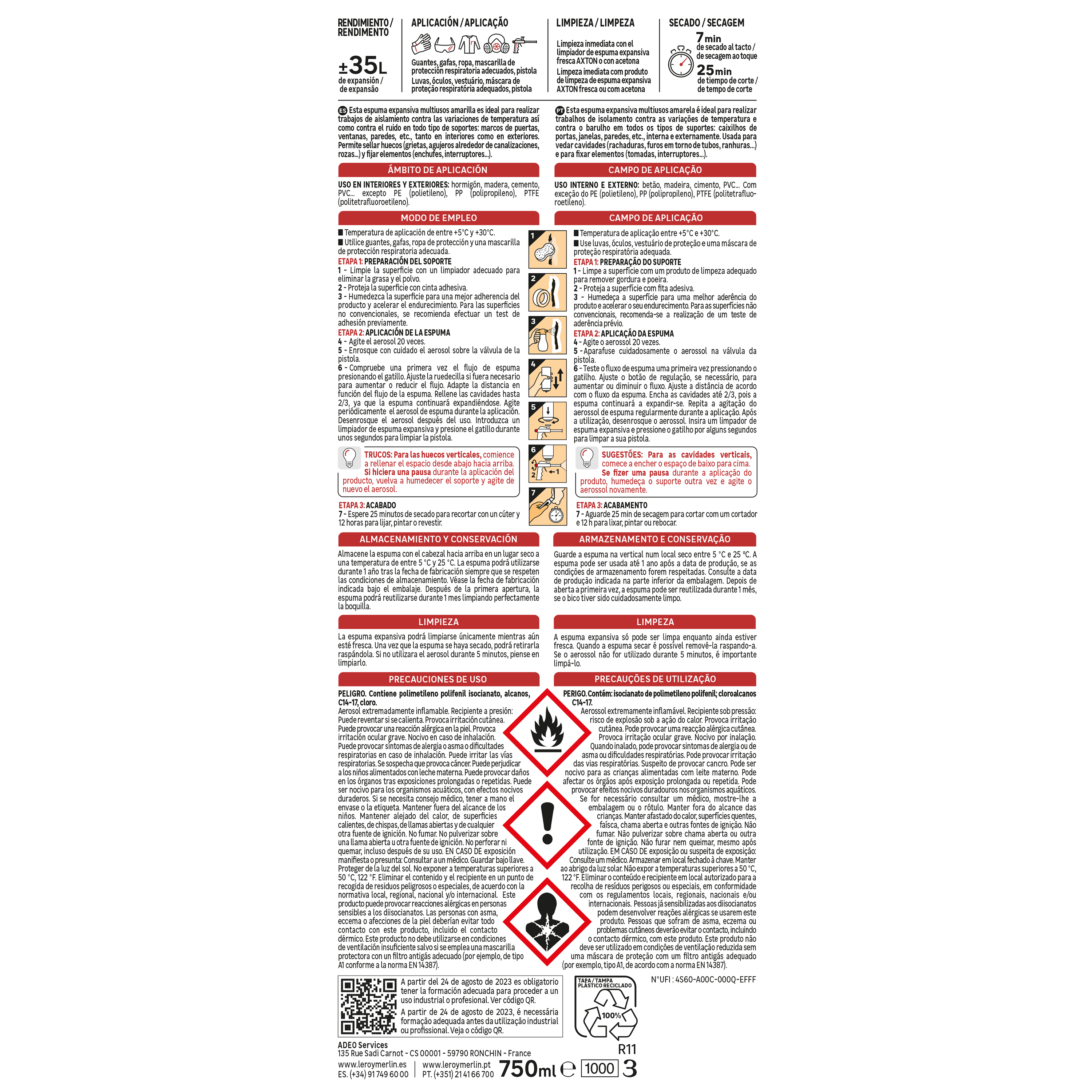 2 espumas de poliuretano AXTON multiusos 750ml para puertas, ventanas, paredes y suelos en color amarillo. Tiempo de secado 25 minutos. Aplicación con pistola. - 4