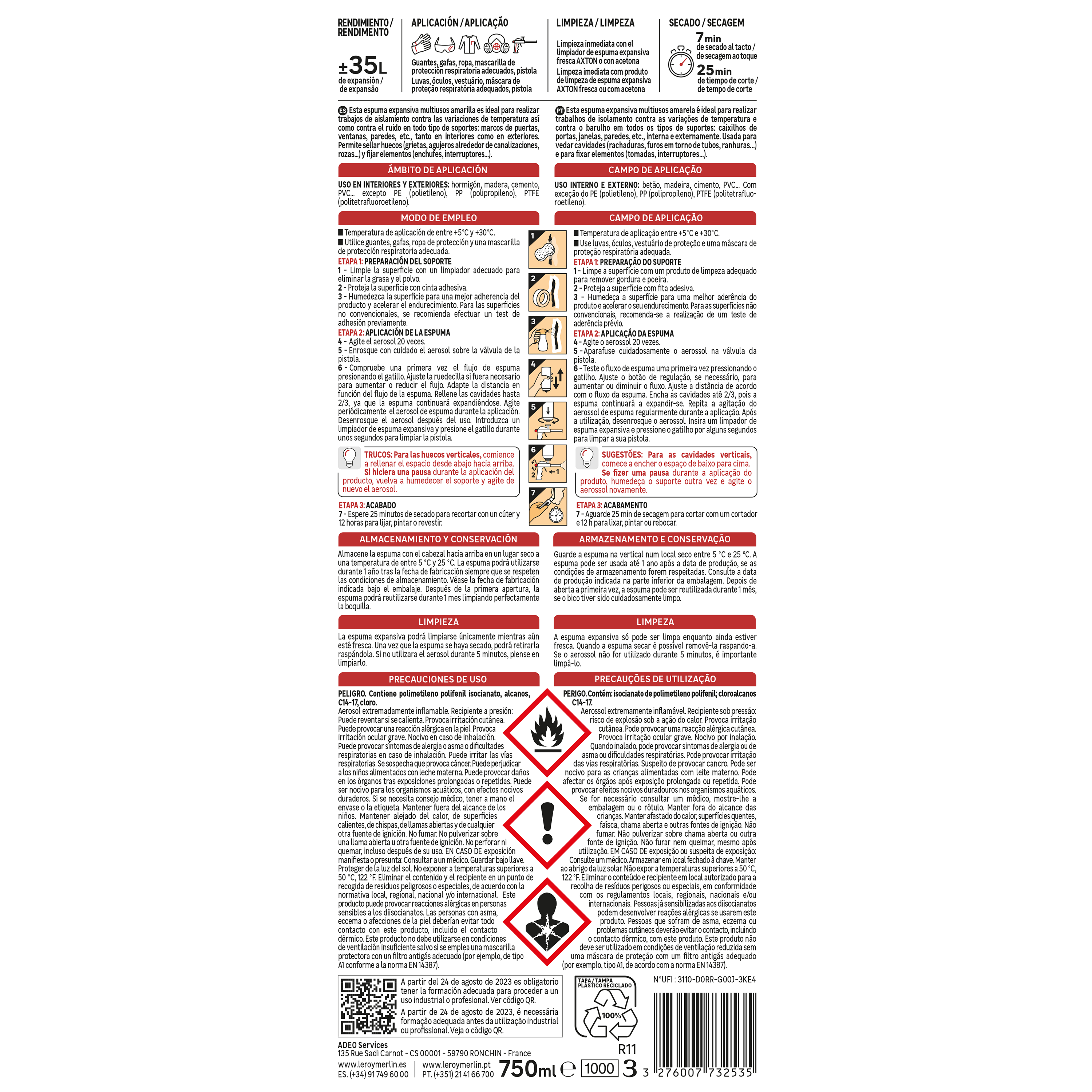 Espuma expansiva poliuretano multiusos para pistola 750 ml Axton - 6