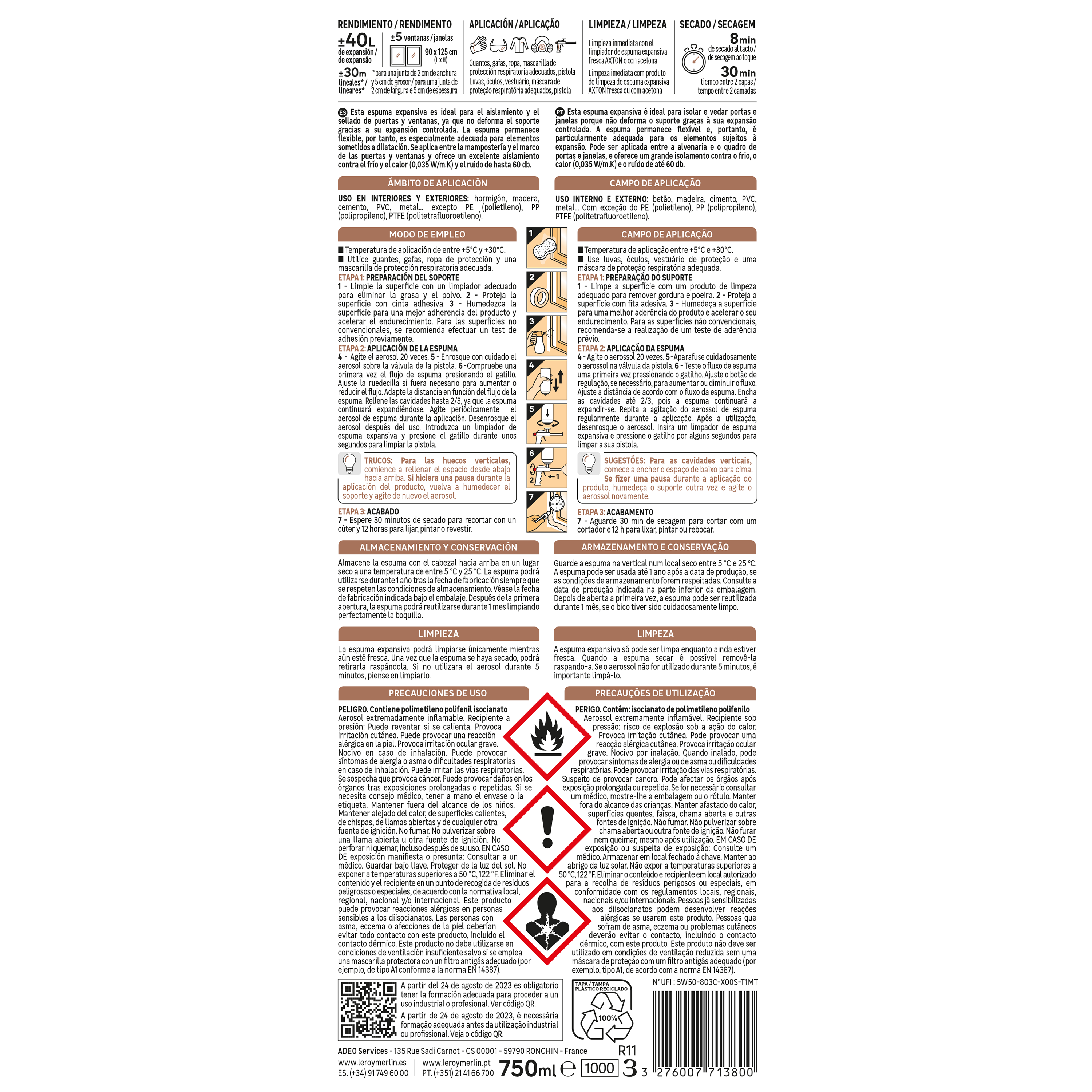 Espuma de poliuretano AXTON 750 ml para ventanas en color amarillo. Tiempo de secado 30 minutos. Aplicación con pistola. - 6