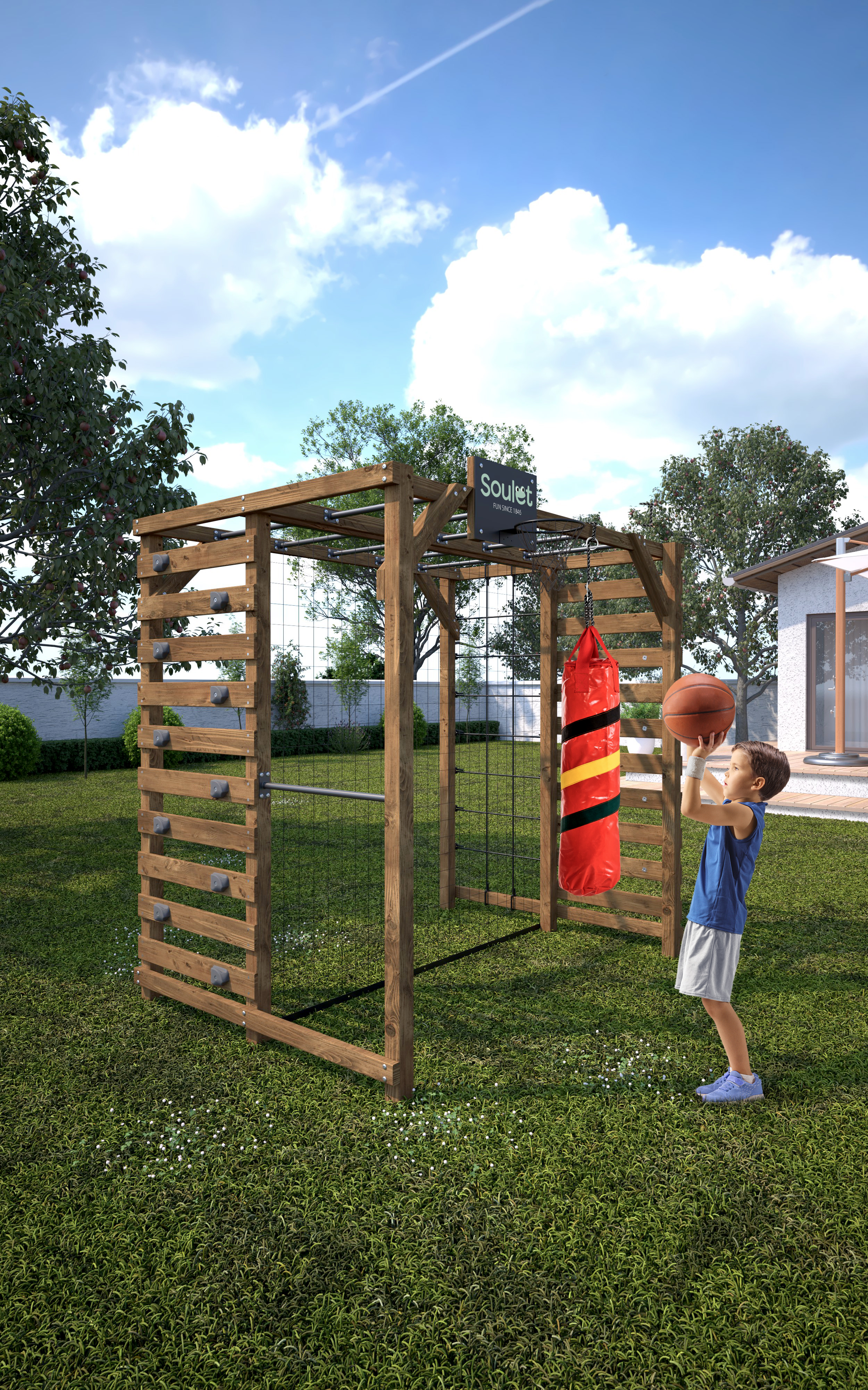 Aire de jeux en bois multi-activités Basket, Boxe, Foot, H.209 cm, ODIN, SOULET - 4