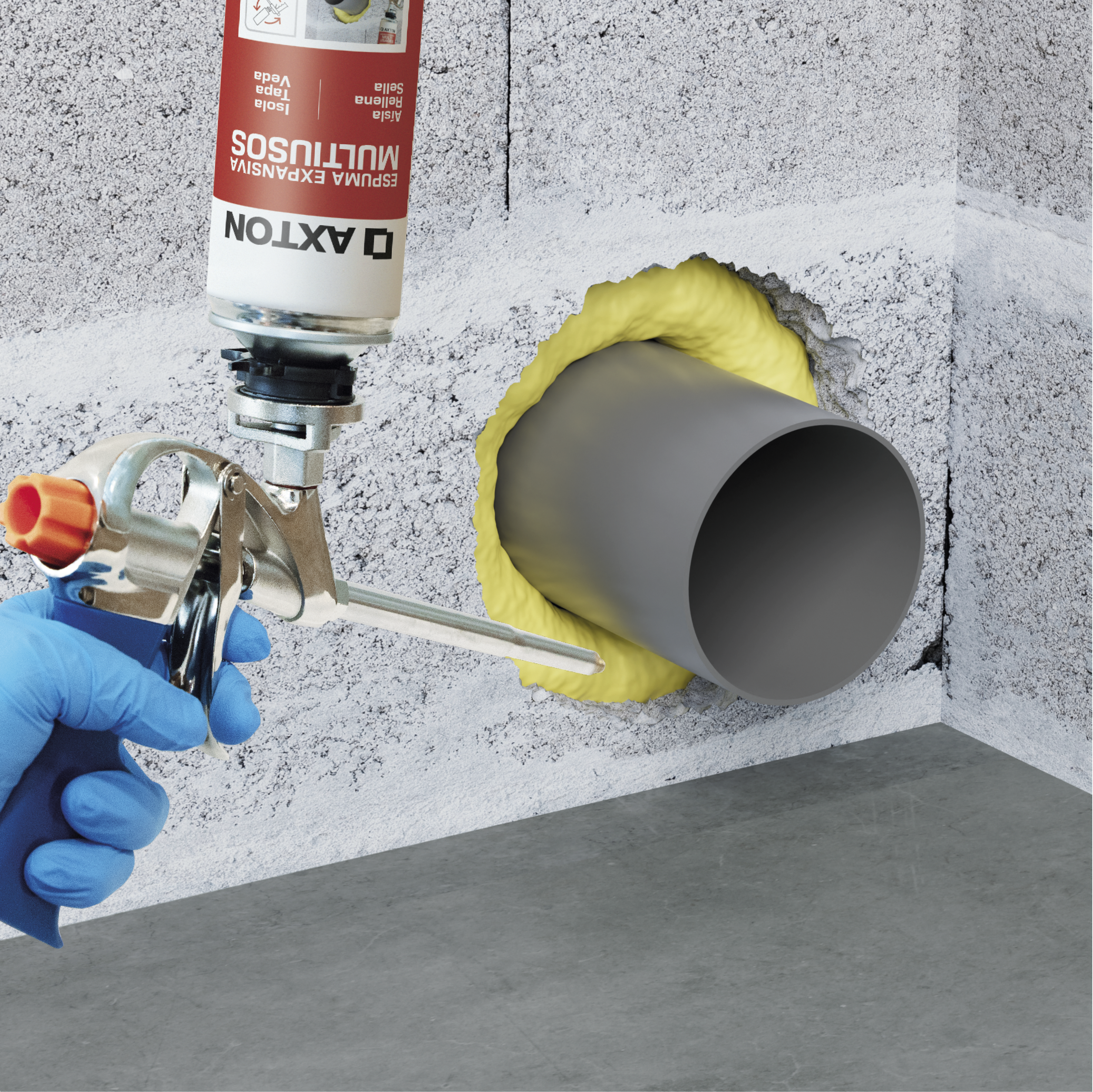 2 espumas de poliuretano AXTON multiusos 750ml para puertas, ventanas, paredes y suelos en color amarillo. Tiempo de secado 25 minutos. Aplicación con pistola. - 2